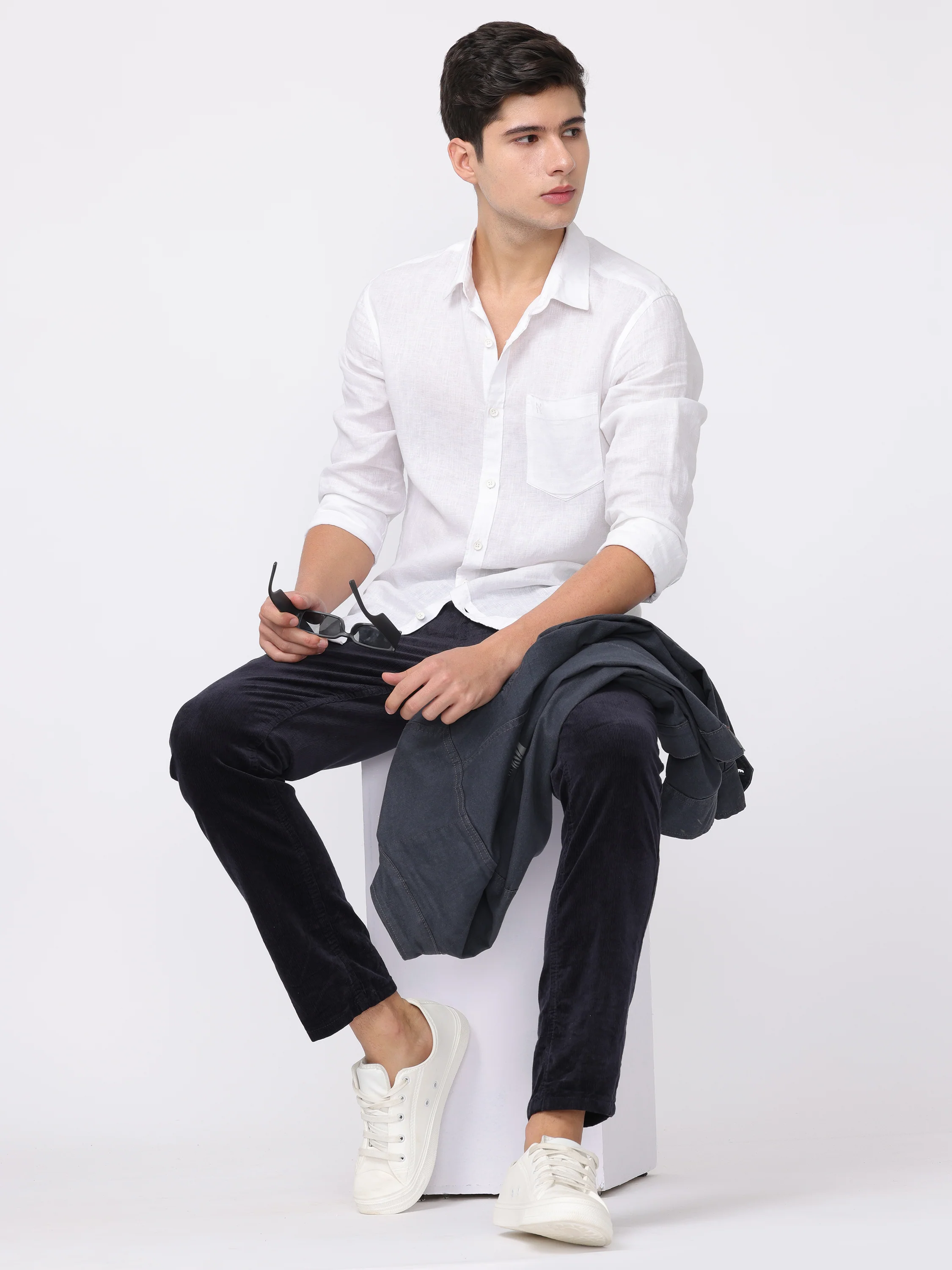 Men Navy Regular Fit Corduroy Pants - Image 2
