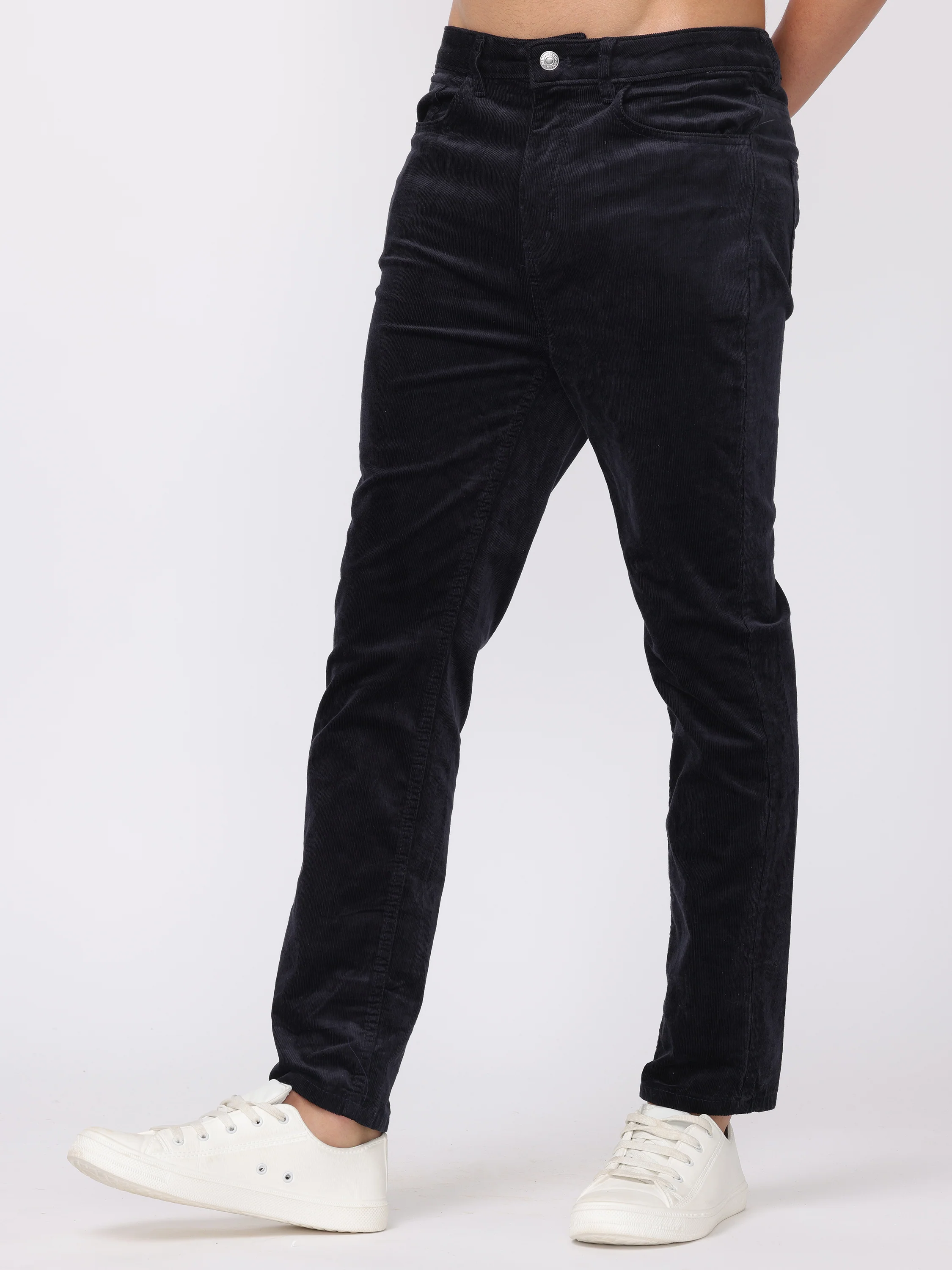 Men Navy Regular Fit Corduroy Pants - Image 5
