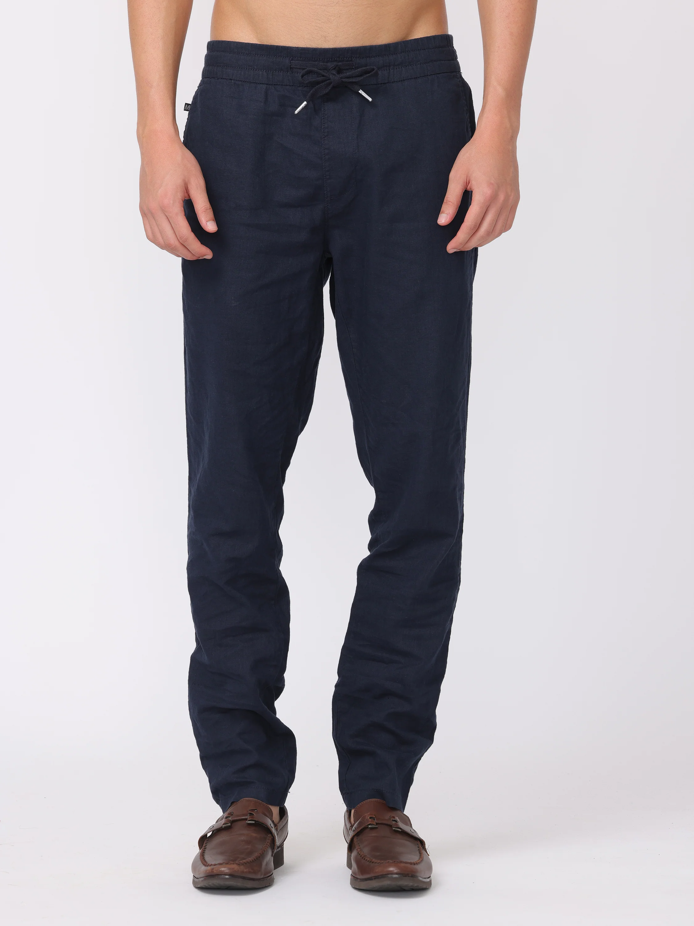 Men Navy Regular Fit Linen Blend Pants - Image 3