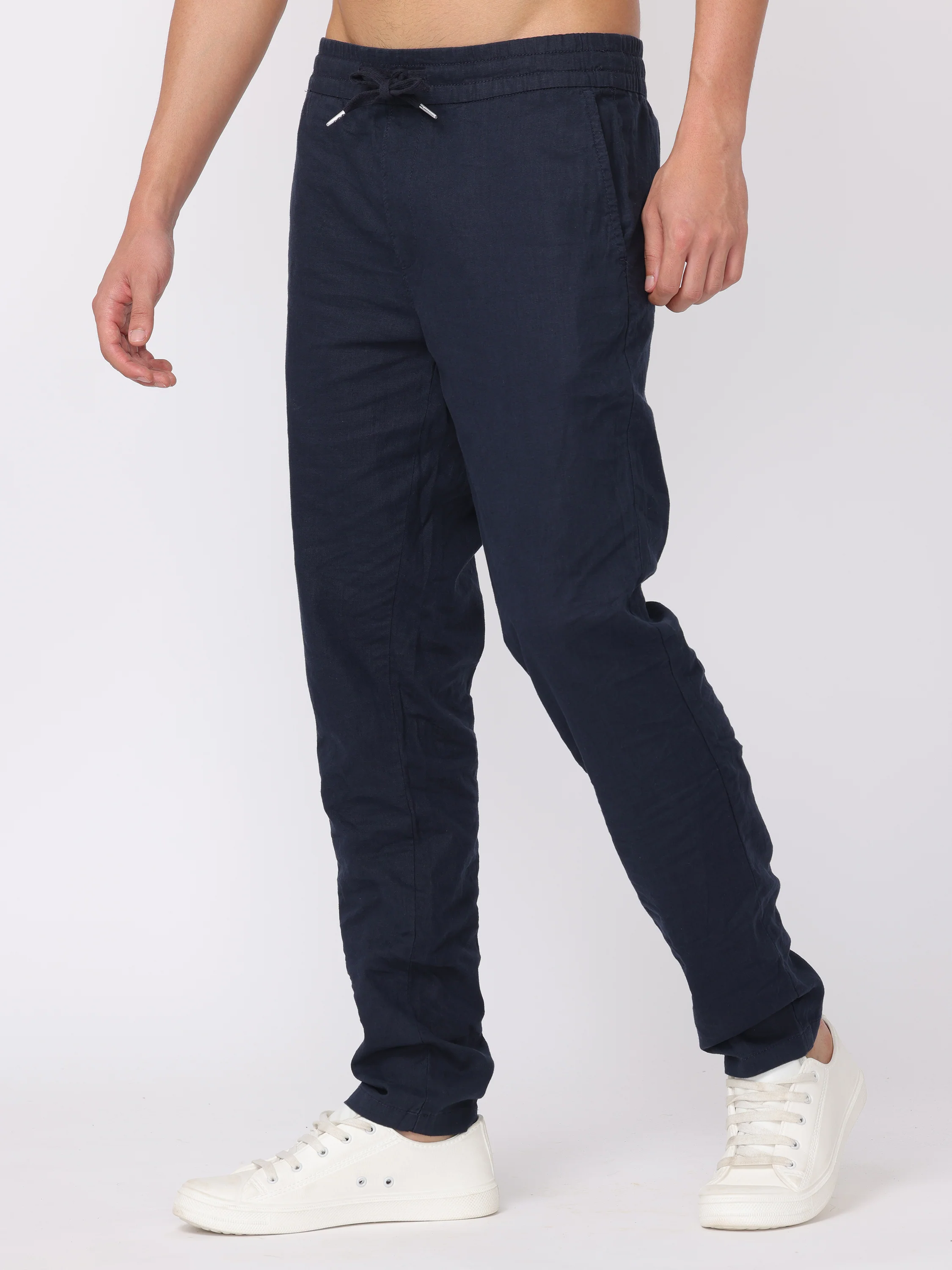 Men Navy Regular Fit Linen Blend Pants - Image 4