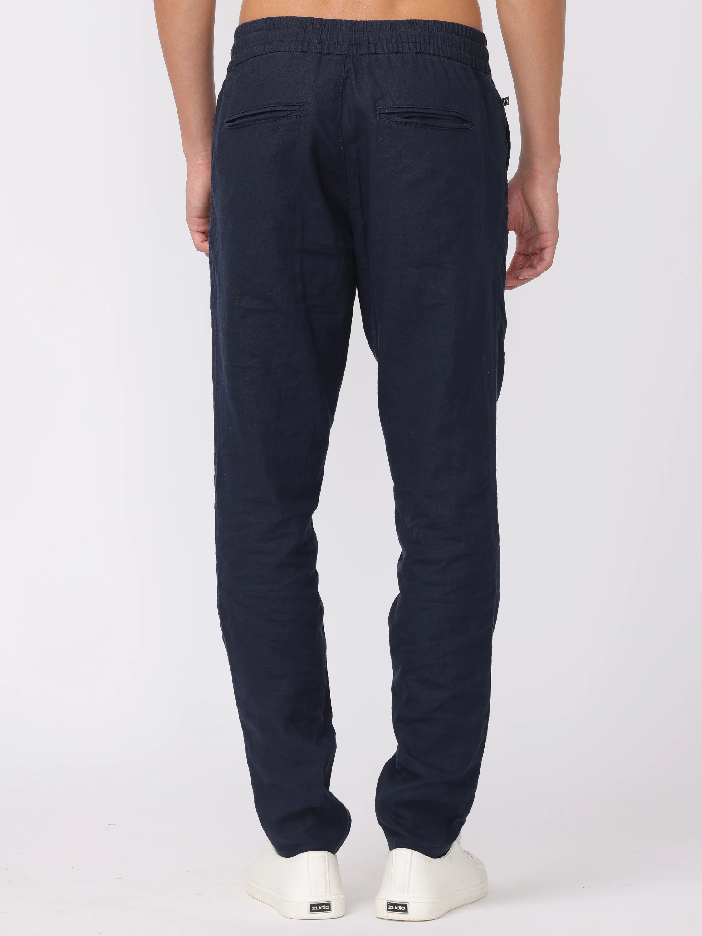 Men Navy Regular Fit Linen Blend Pants - Image 5