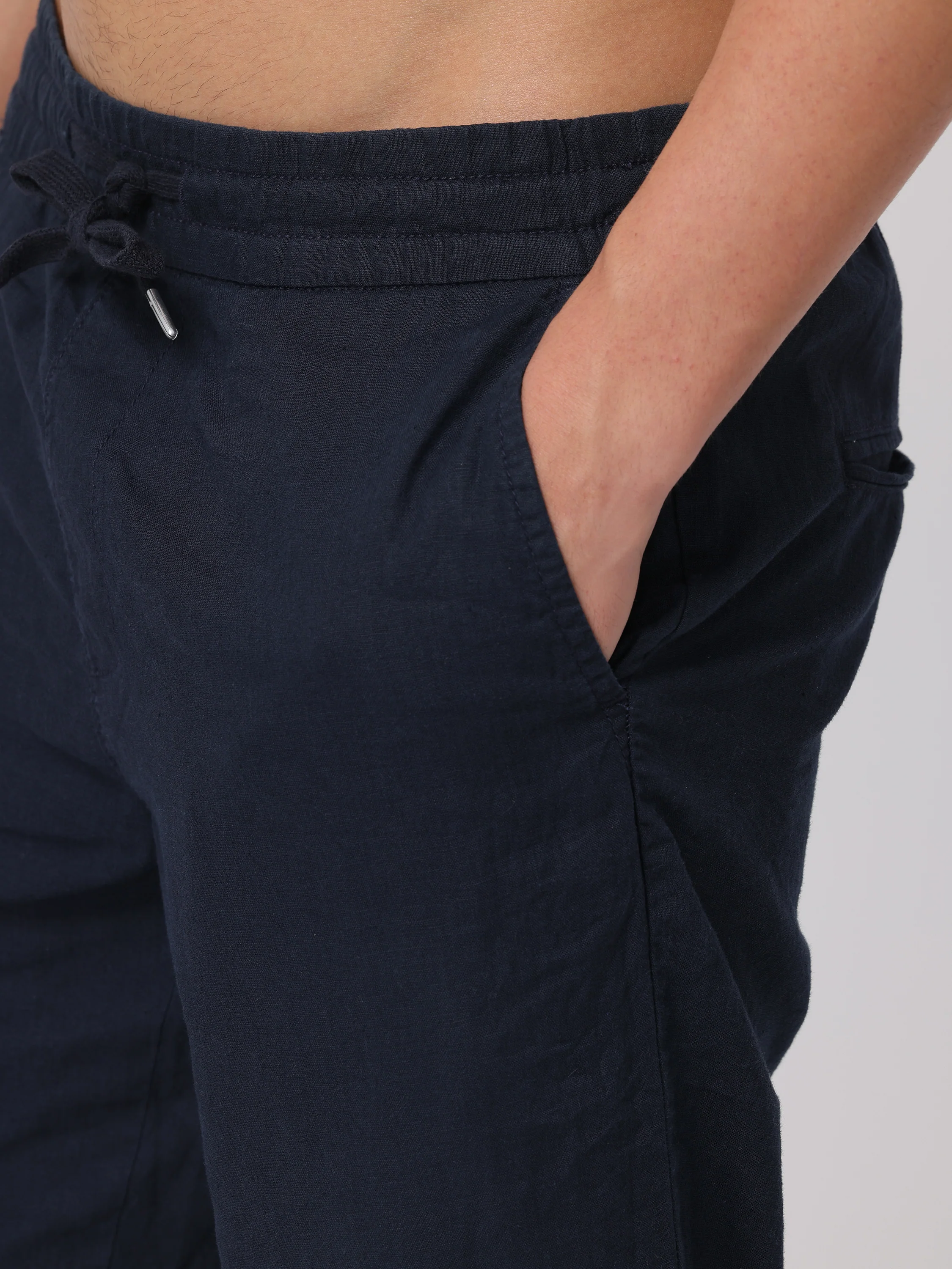 Men Navy Regular Fit Linen Blend Pants - Image 6