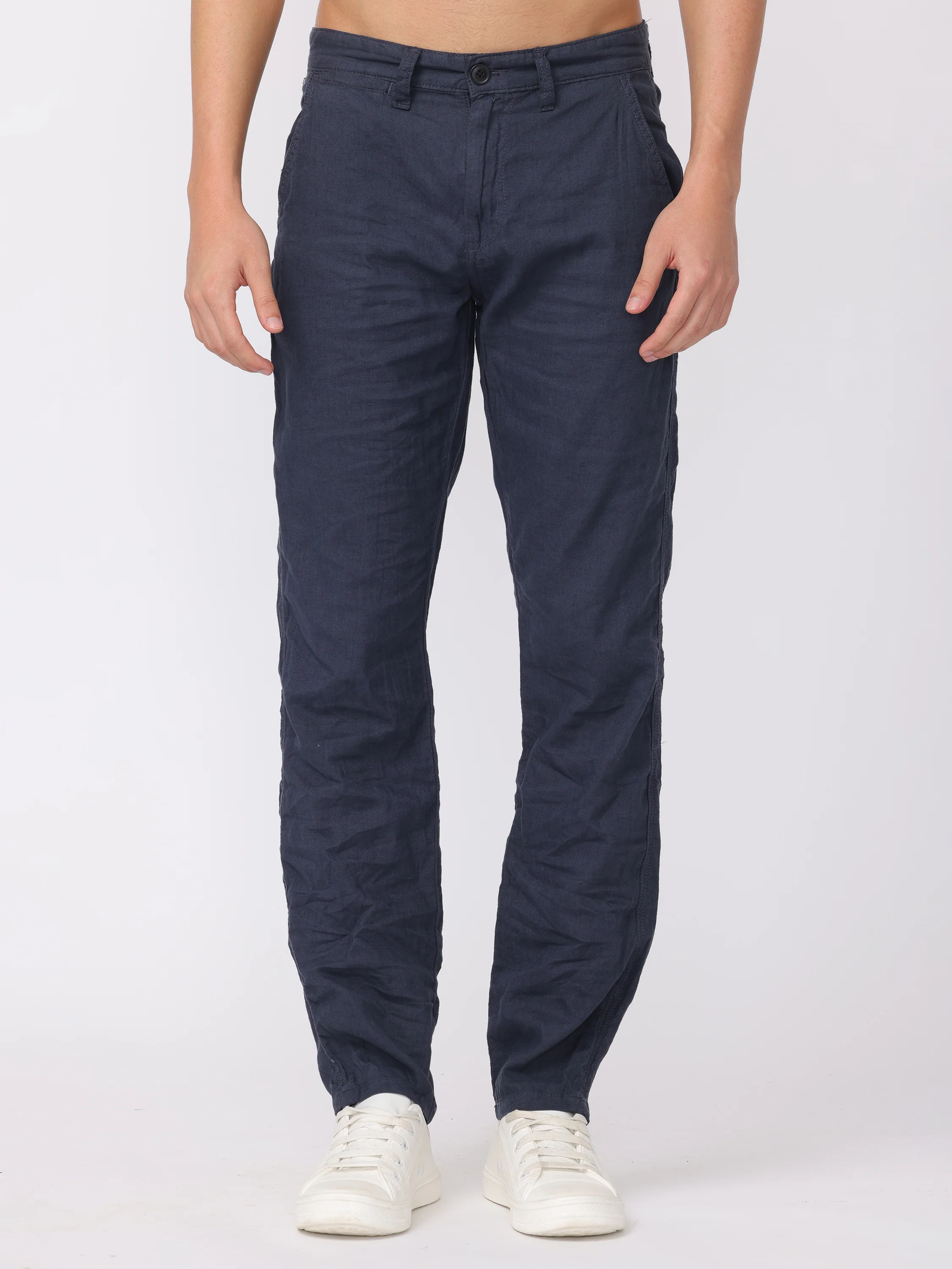 Men Navy Regular Fit Linen Blend Pants - Image 2