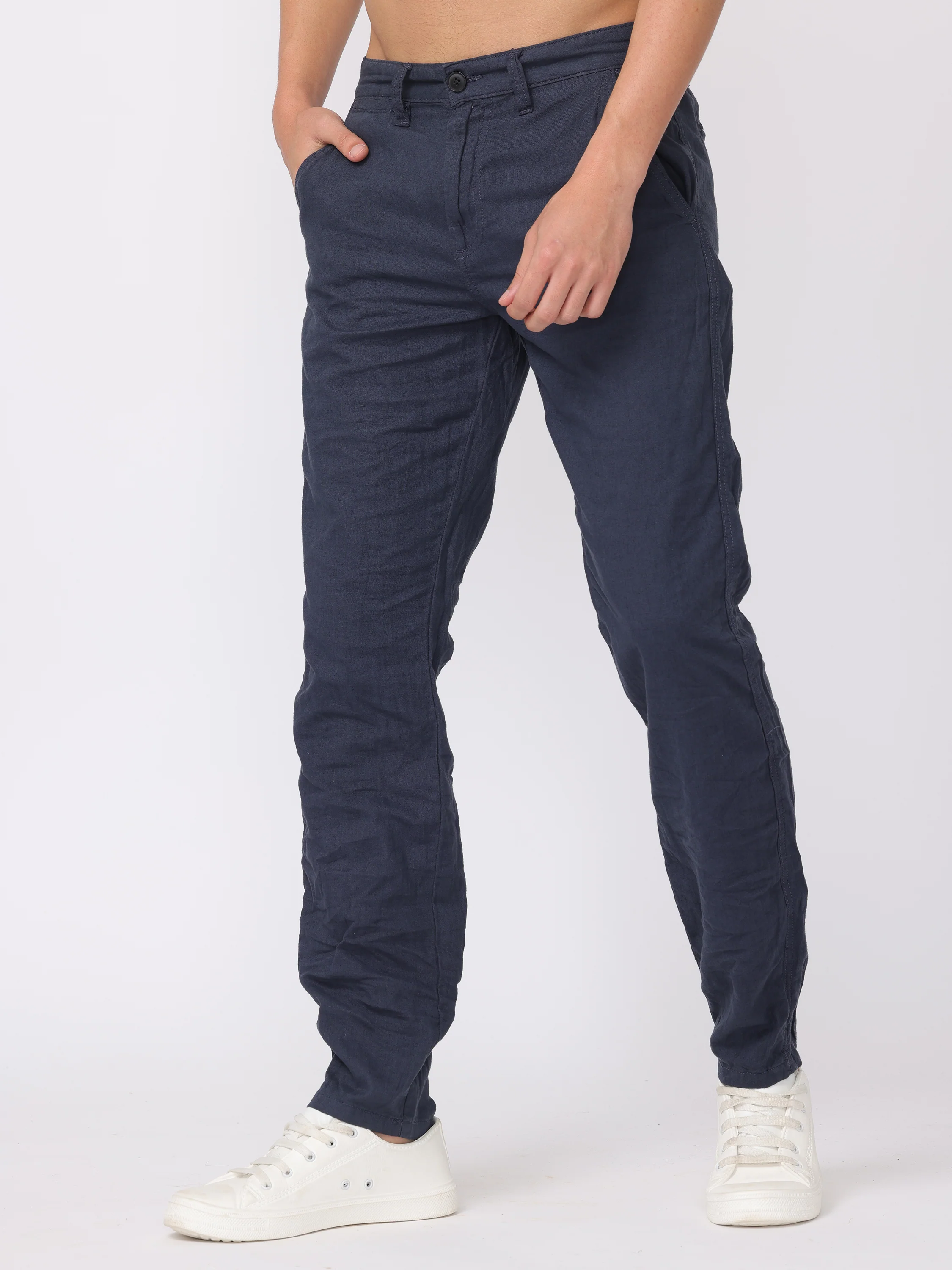 Men Navy Regular Fit Linen Blend Pants - Image 4