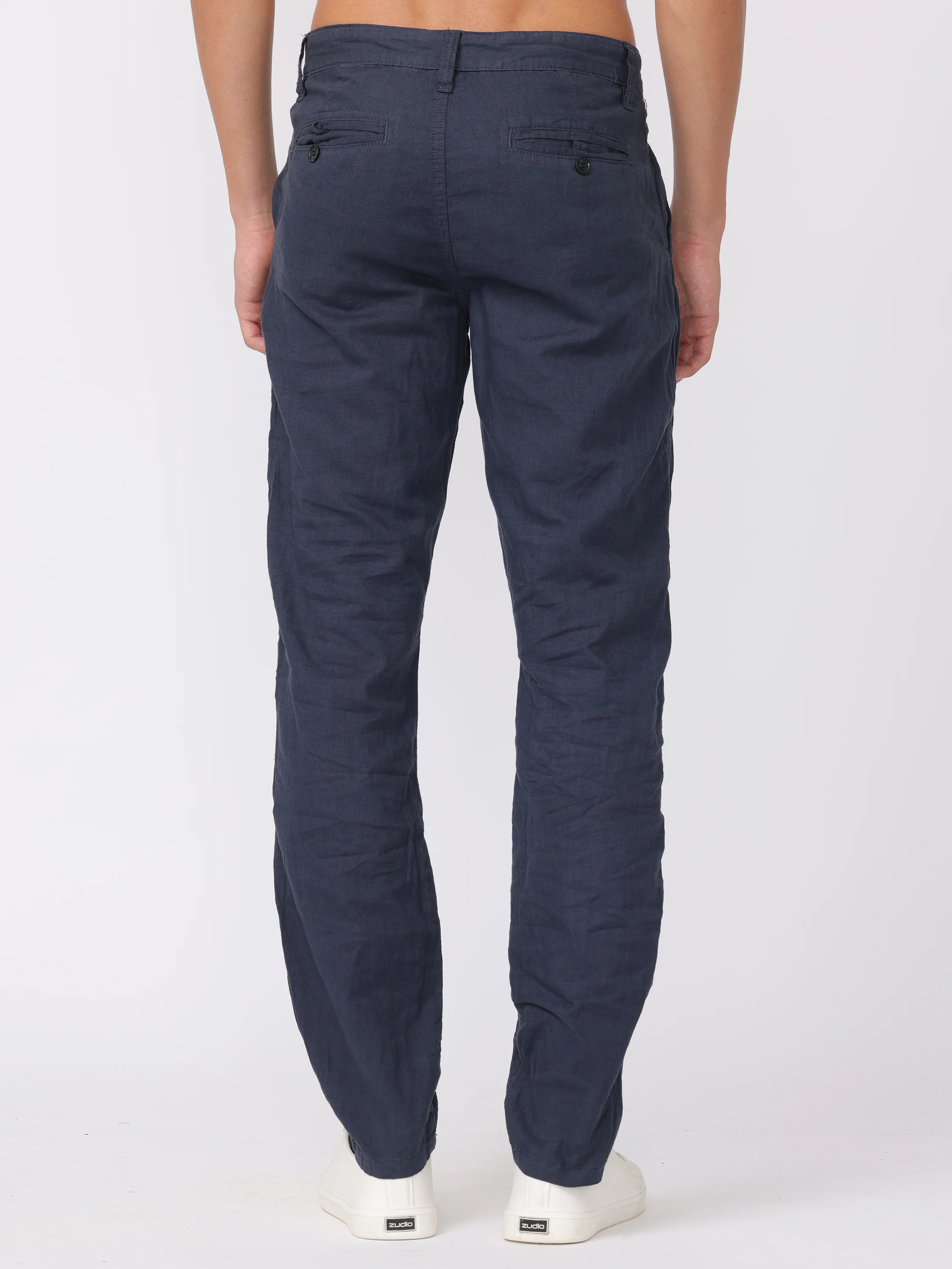 Men Navy Regular Fit Linen Blend Pants - Image 5