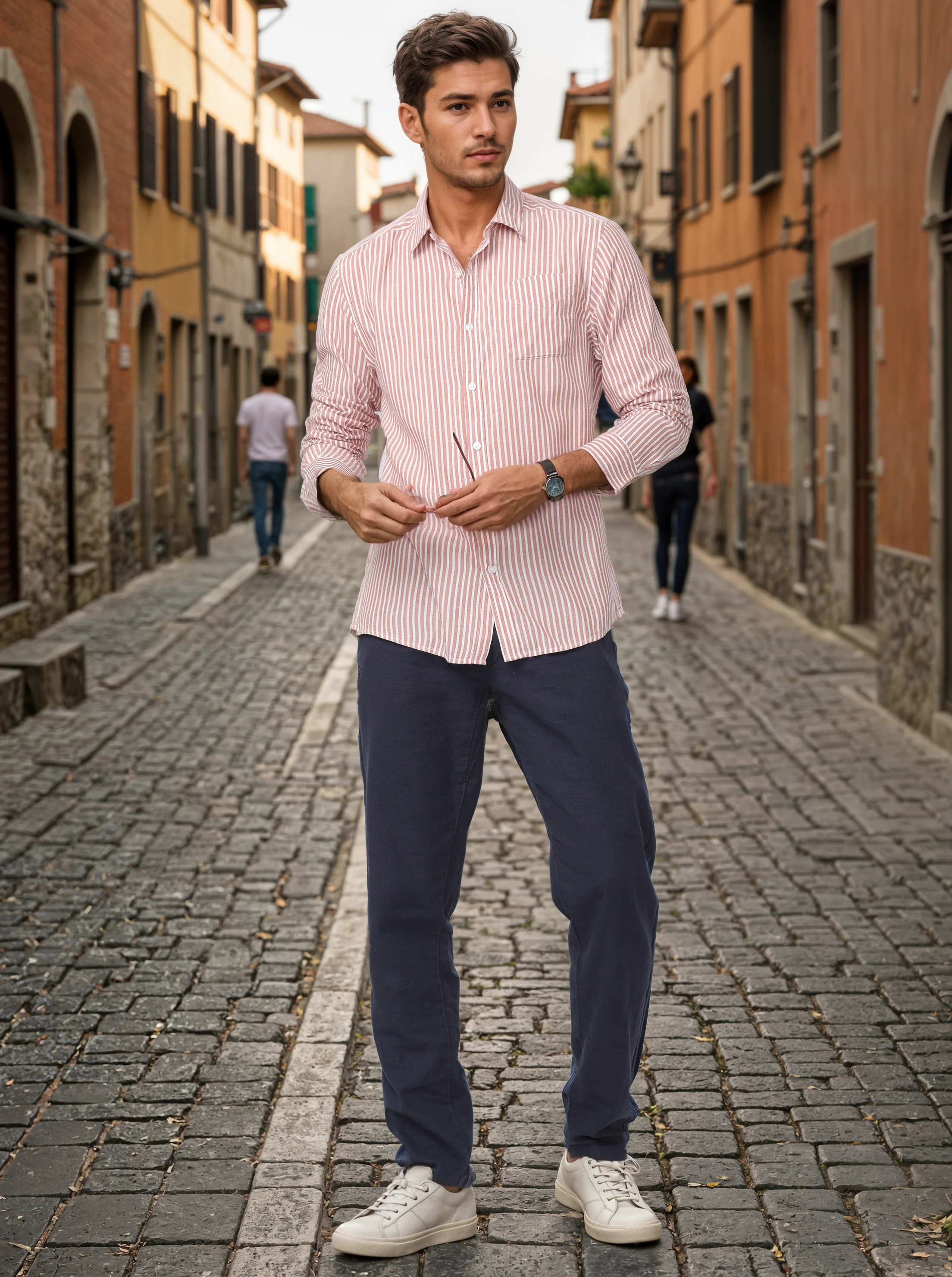 Men Navy Regular Fit Cotton Linen Regular Fit Pants - Image 3
