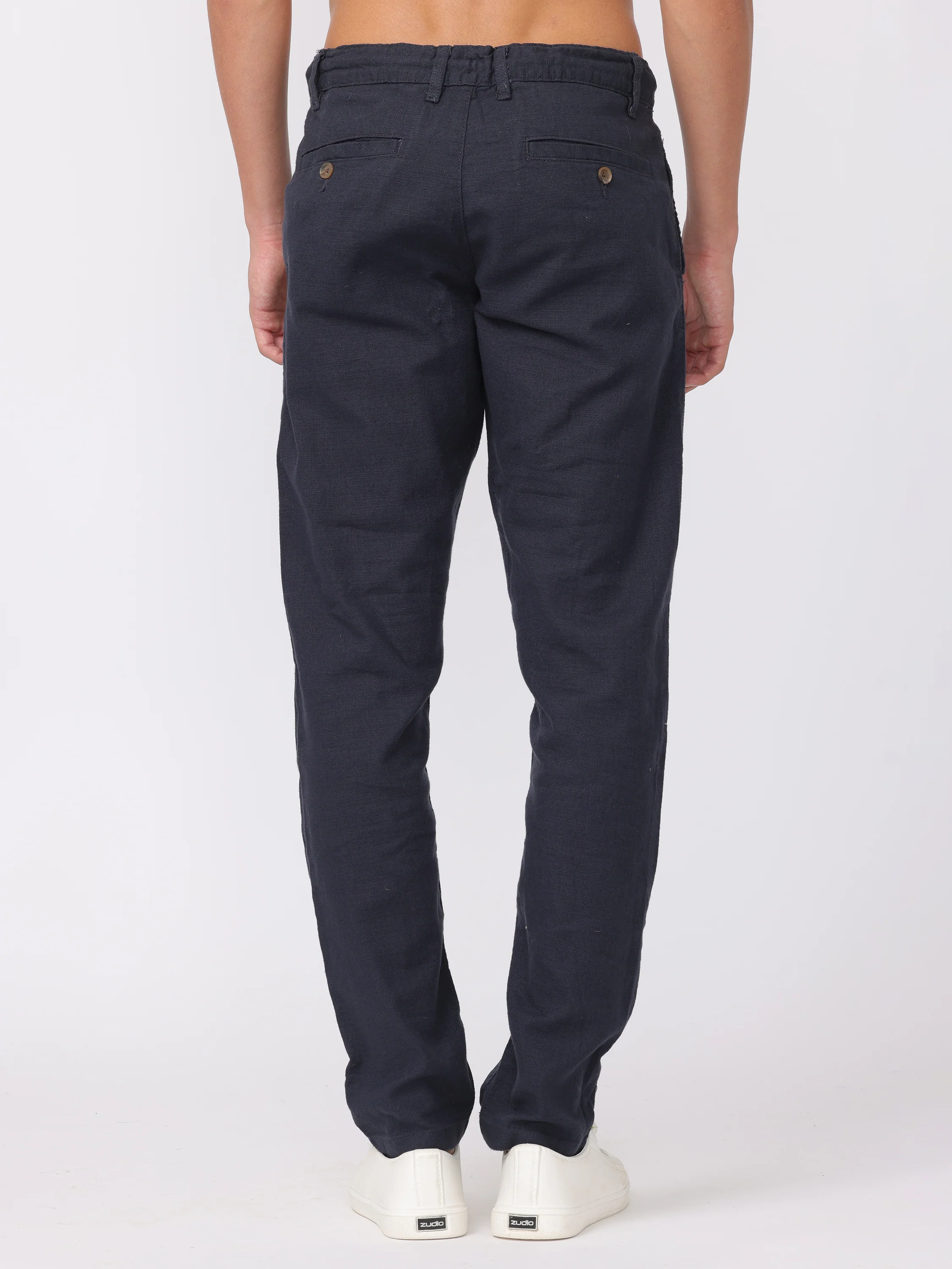 Men Navy Regular Fit Cotton Linen Regular Fit Pants - Image 4