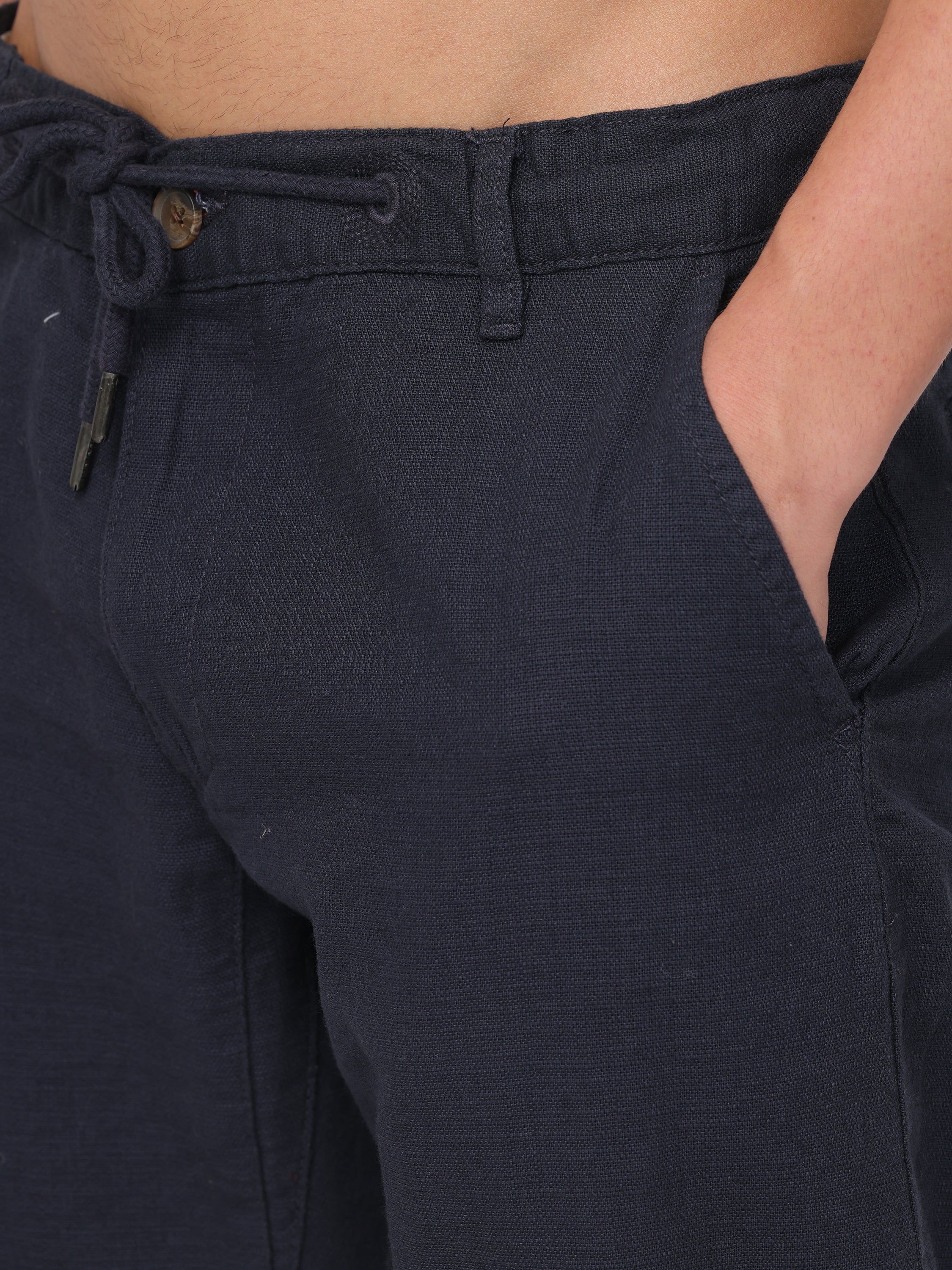 Men Navy Regular Fit Cotton Linen Regular Fit Pants - Image 5