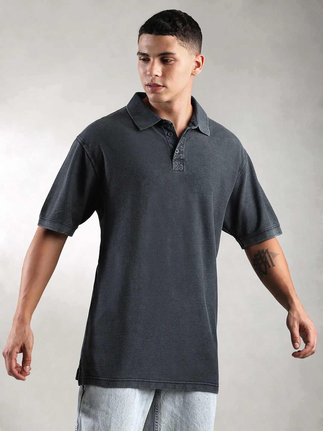 Men Navy Drop Shoulder Oversize Polo T-Shirt - Image 4