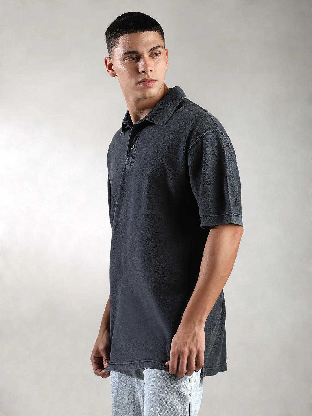 Men Navy Drop Shoulder Oversize Polo T-Shirt - Image 6