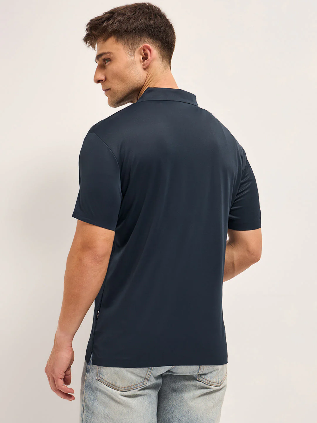 Men Navy Self Design Slim Fit Classic Polo T-shirt - Image 2
