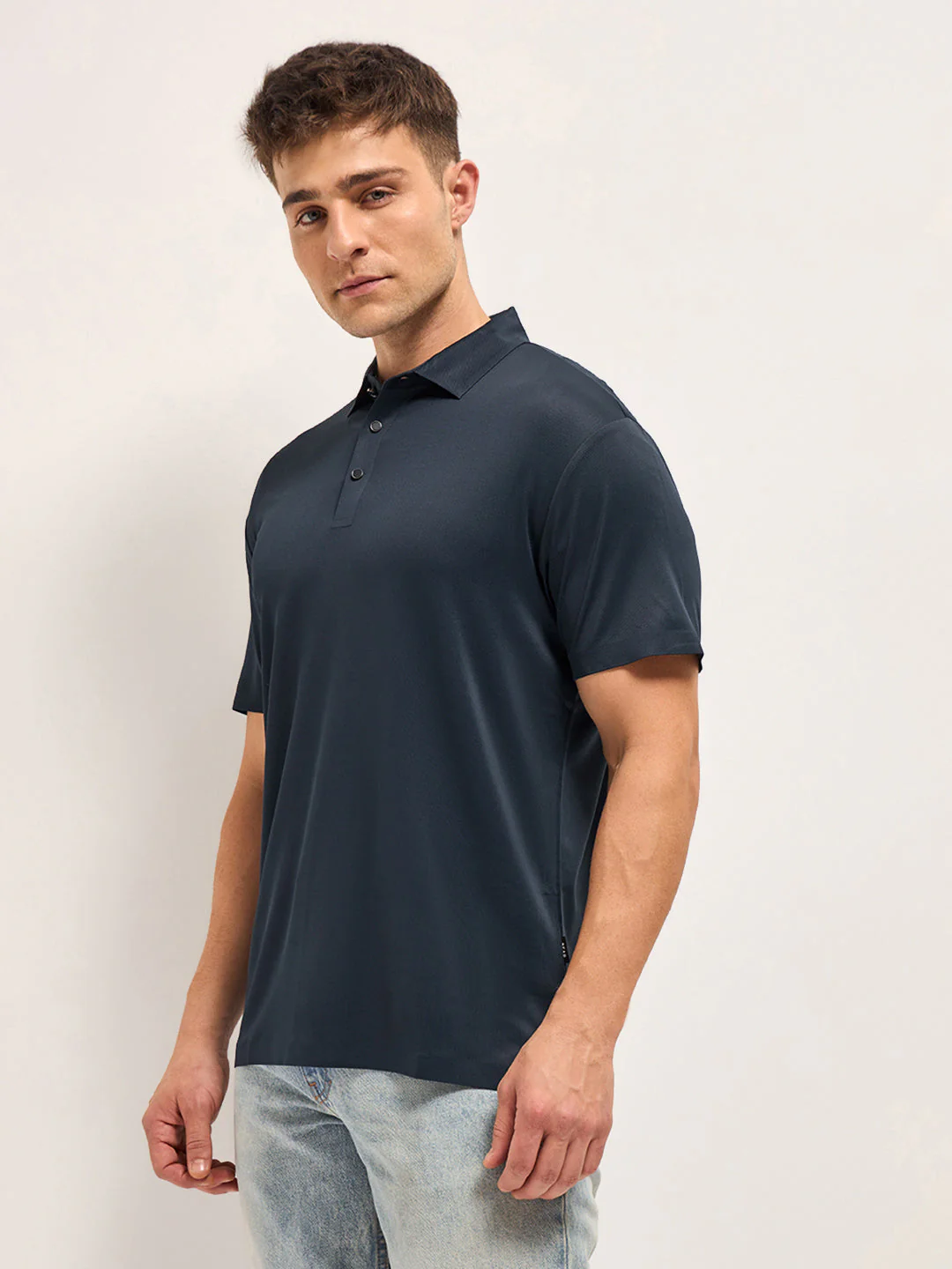 Men Navy Self Design Slim Fit Classic Polo T-shirt - Image 3