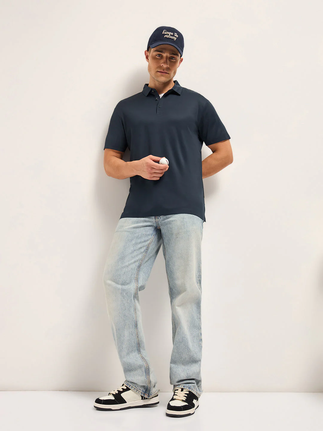 Men Navy Self Design Slim Fit Classic Polo T-shirt - Image 4