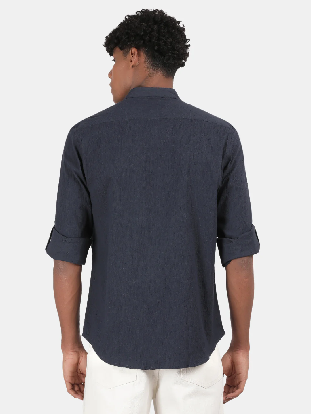 Men Navy Slim Fit Mandarin Collar Full Sleeve Casual Shirt - Image 2