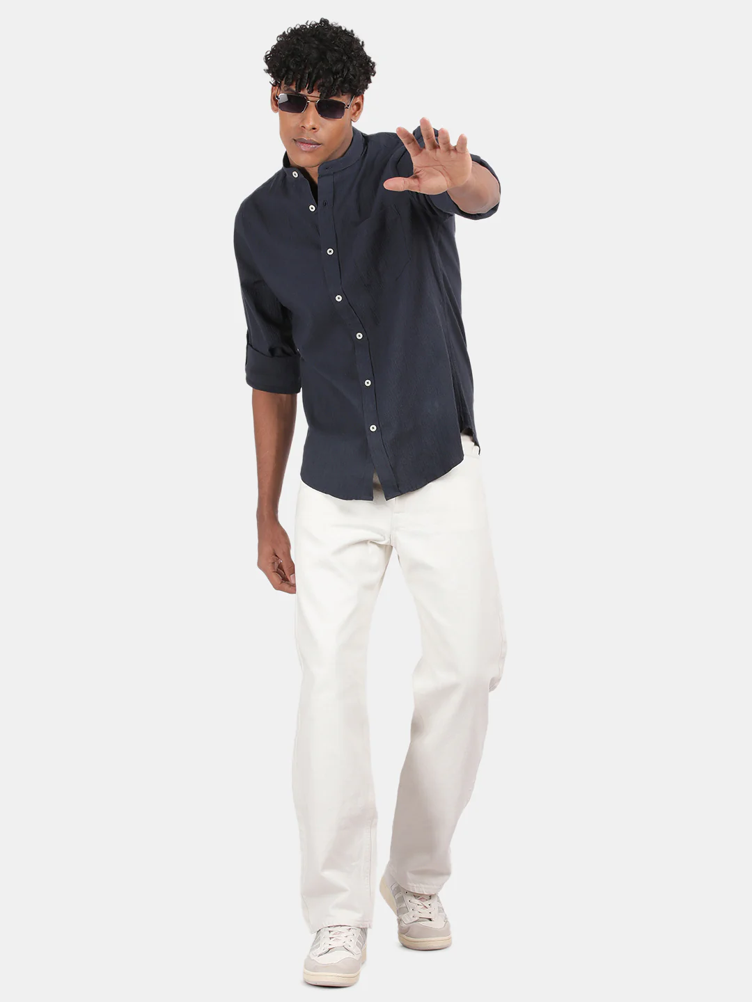 Men Navy Slim Fit Mandarin Collar Full Sleeve Casual Shirt - Image 3