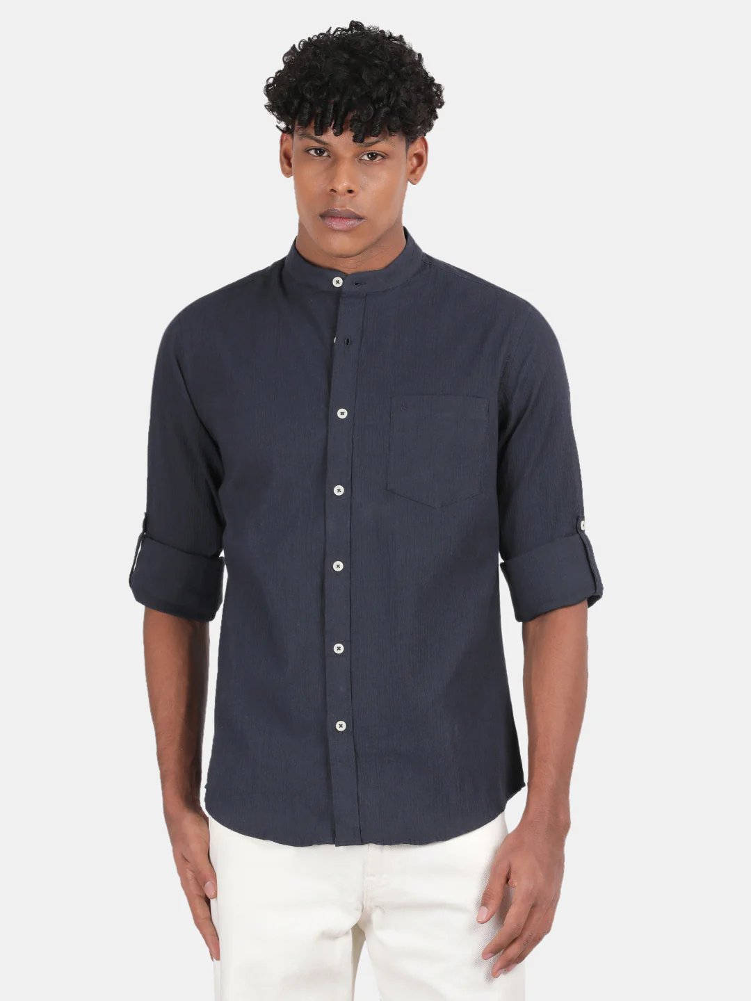 Men Navy Slim Fit Mandarin Collar Full Sleeve Casual Shirt - Image 4