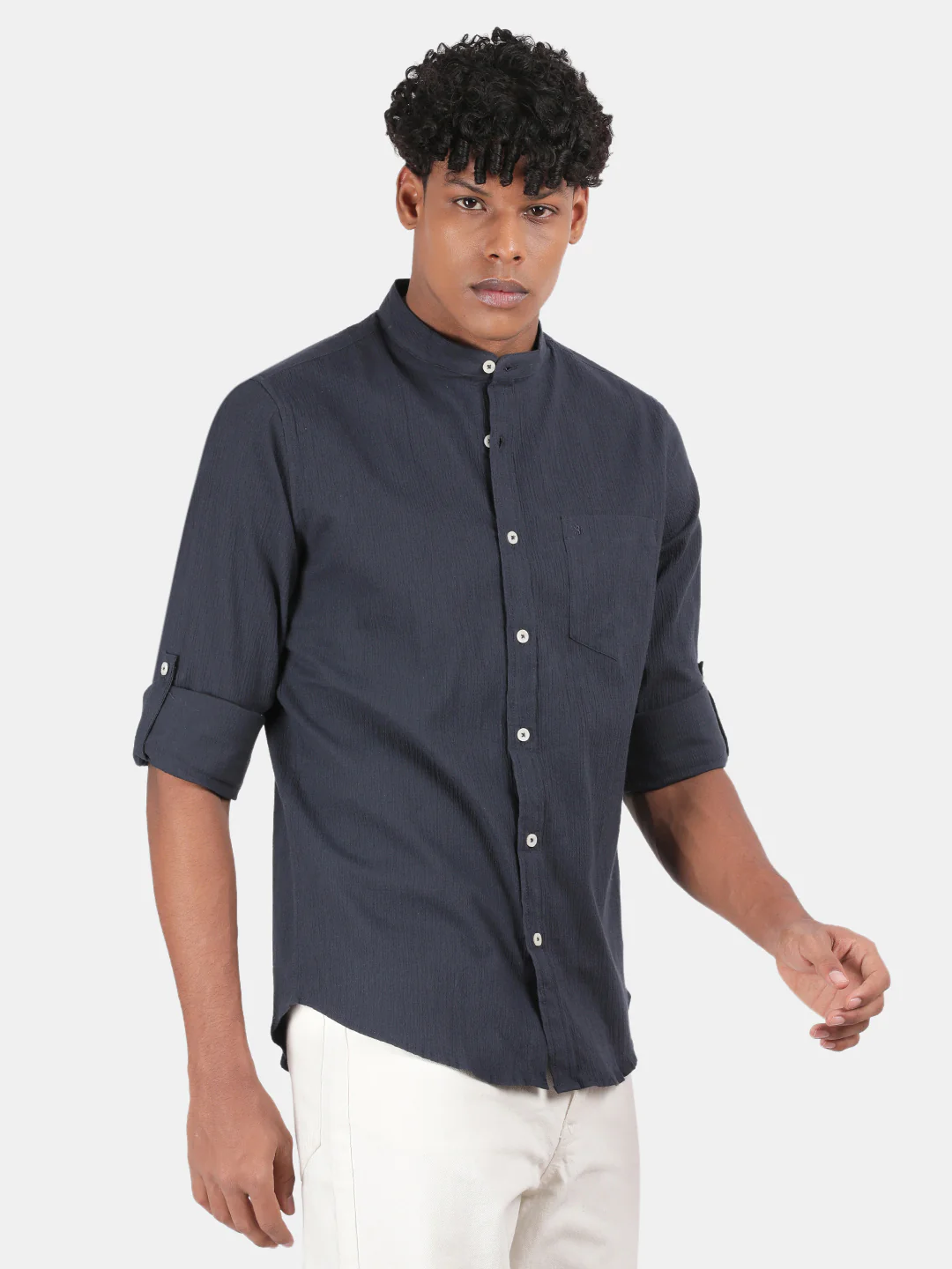 Men Navy Slim Fit Mandarin Collar Full Sleeve Casual Shirt - Image 5