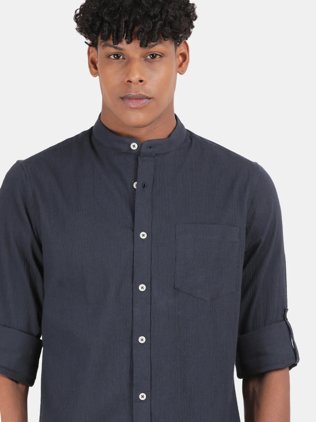 Men Navy Slim Fit Mandarin Collar Full Sleeve Casual Shirt - Image 6