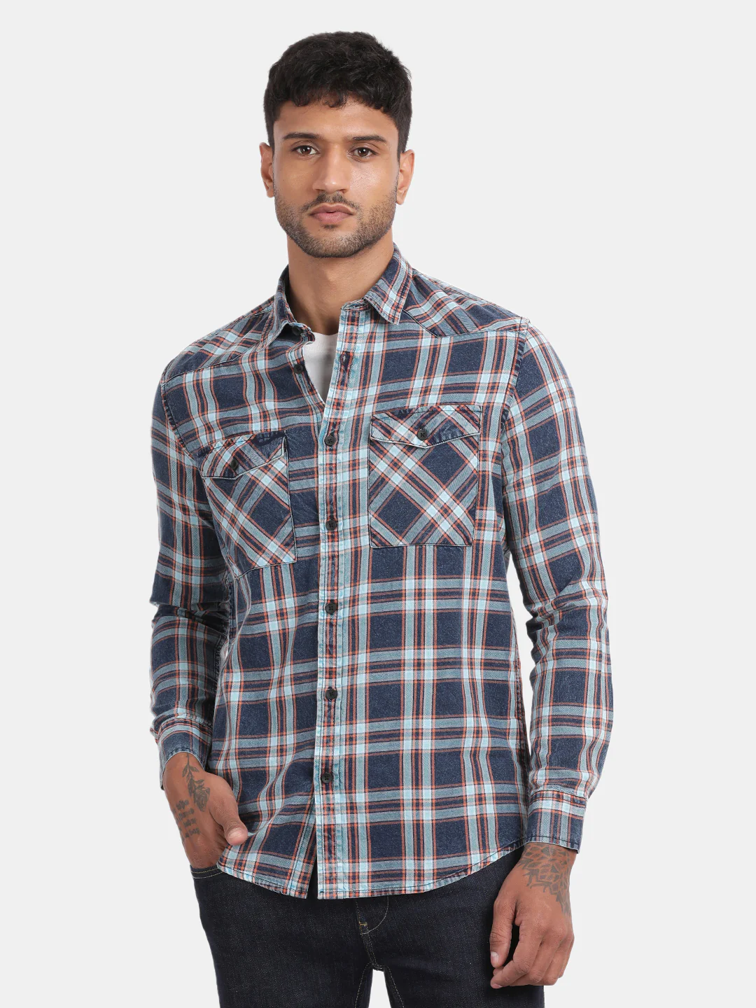 Men Navy Slim Fit Spread Collar Full Sleeve Casual Shirt