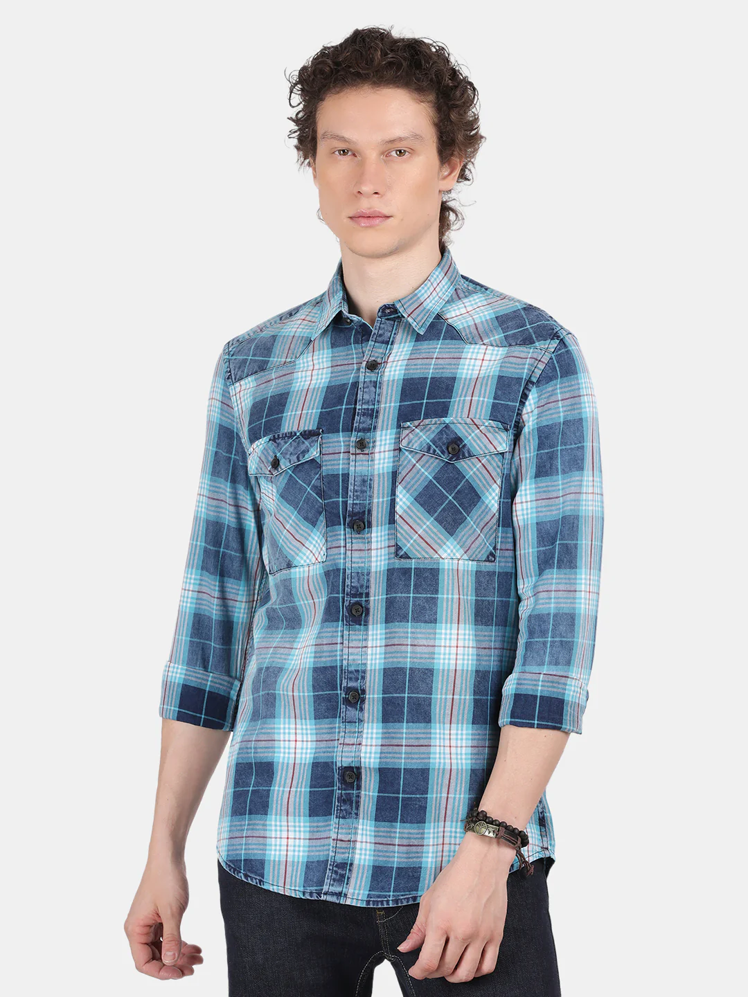 Men Navy Slim Fit Spread Collar Full Sleeve Casual Shirt - Image 2
