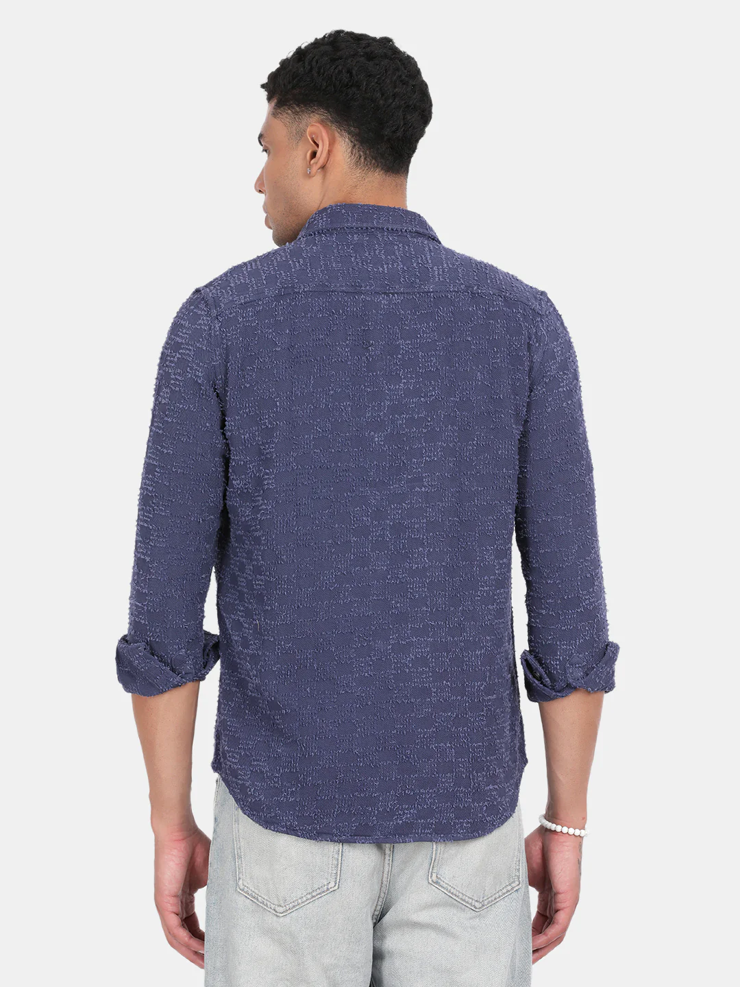 Men Navy Slim Fit Spread Collar Full Sleeve Casual Shirt - Image 2