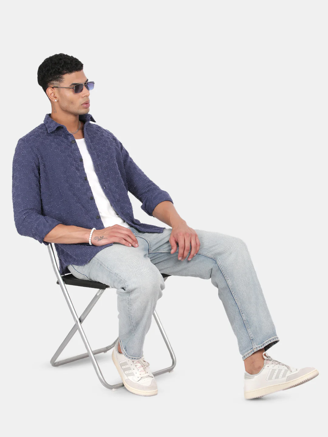 Men Navy Slim Fit Spread Collar Full Sleeve Casual Shirt - Image 3