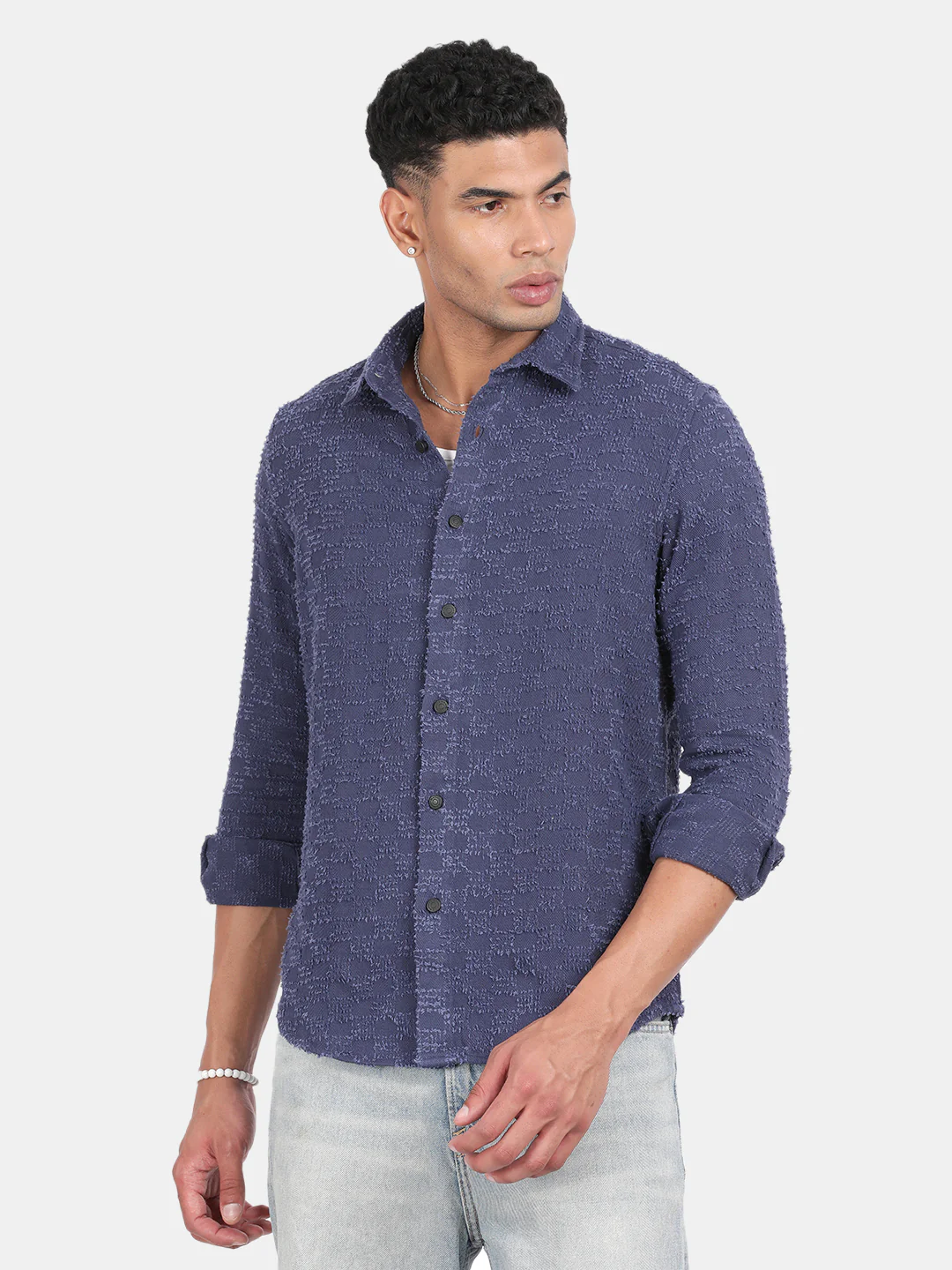 Men Navy Slim Fit Spread Collar Full Sleeve Casual Shirt - Image 4