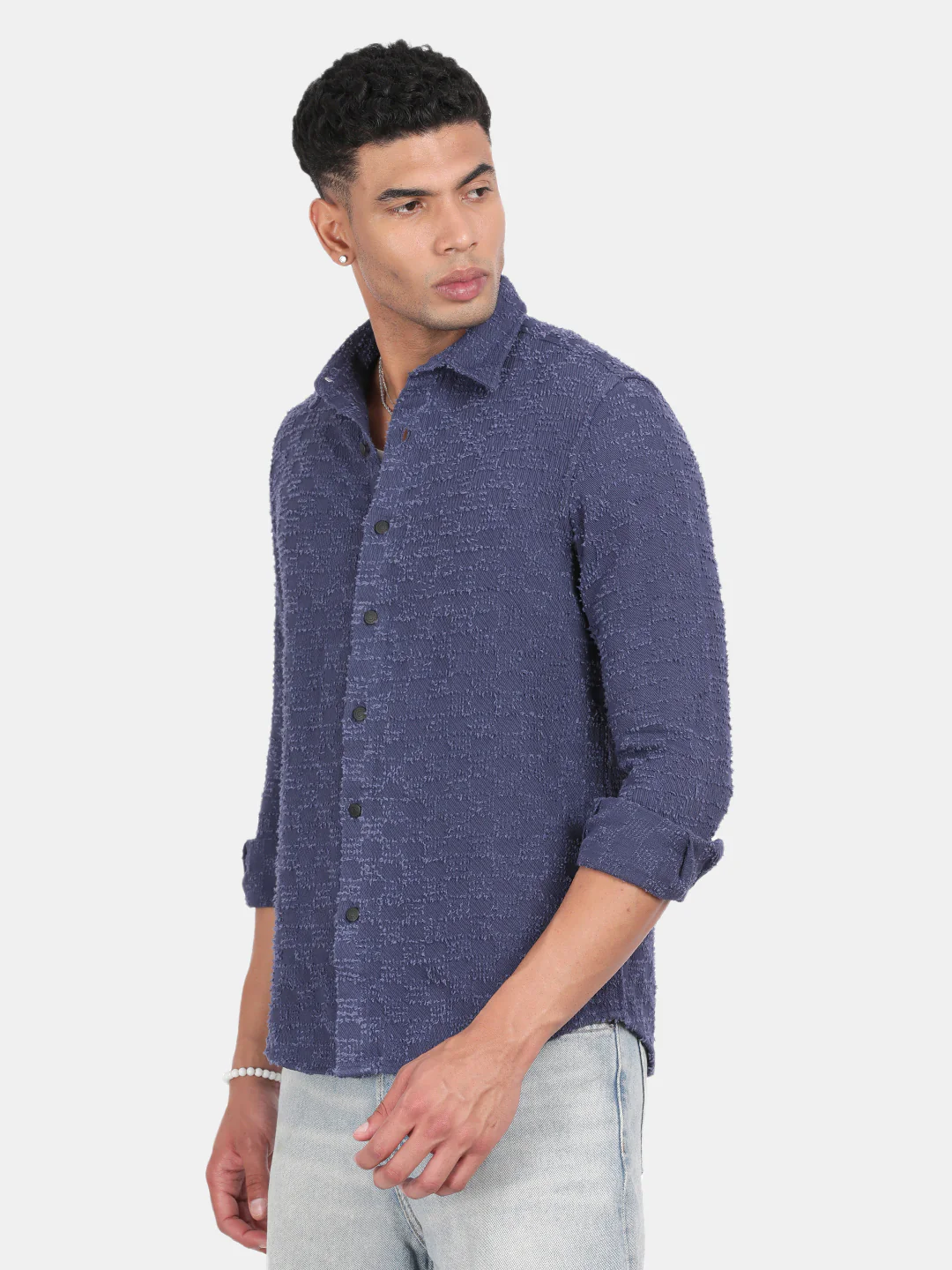 Men Navy Slim Fit Spread Collar Full Sleeve Casual Shirt - Image 5