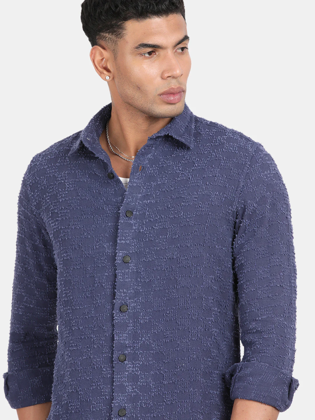 Men Navy Slim Fit Spread Collar Full Sleeve Casual Shirt - Image 6