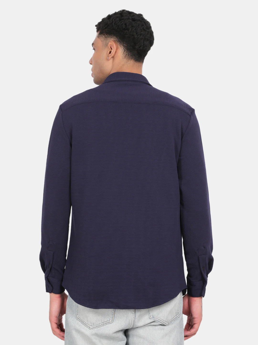 Men Navy Slim Fit Spread Collar Full Sleeve Casual Shirt - Image 2