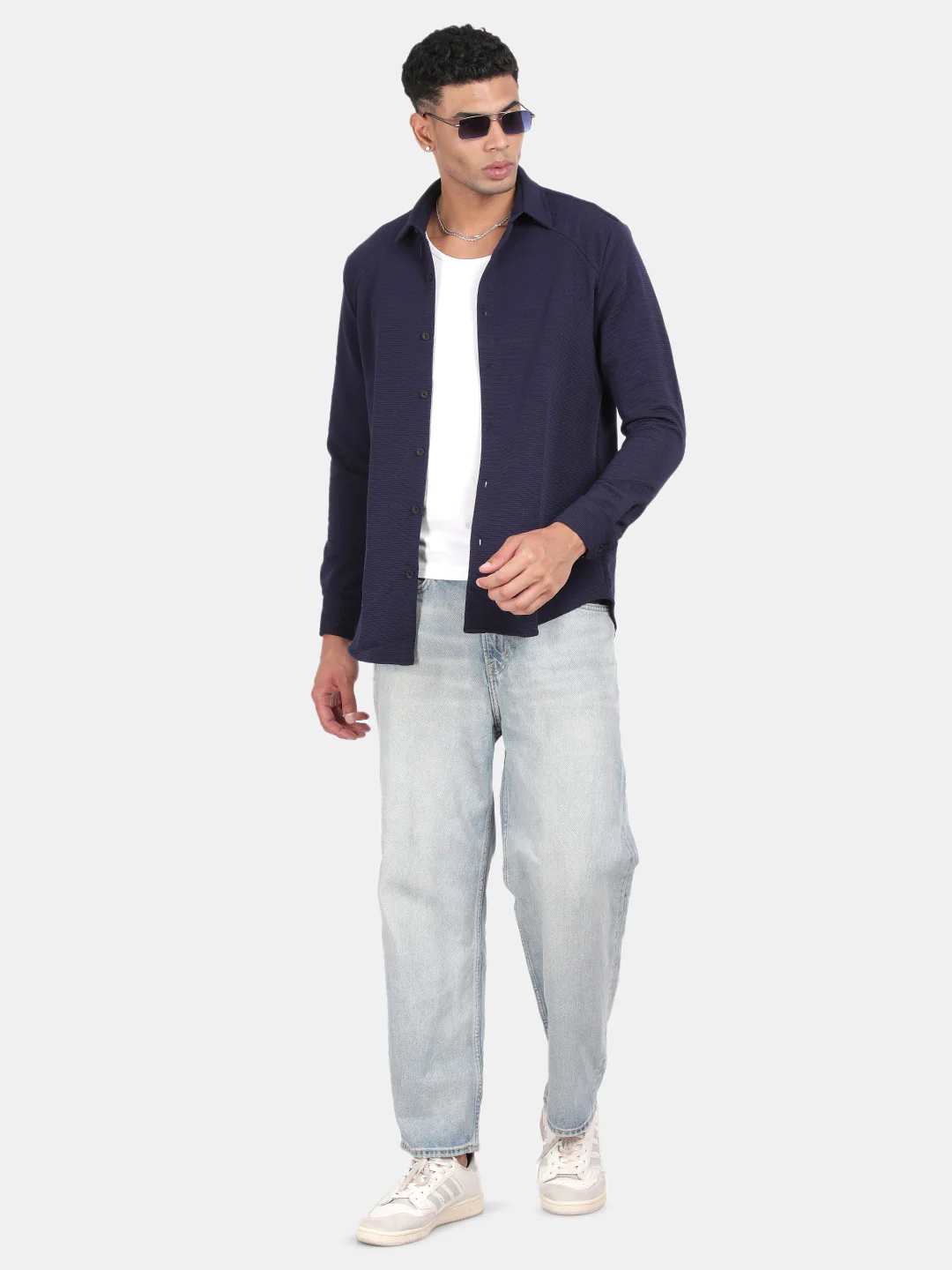 Men Navy Slim Fit Spread Collar Full Sleeve Casual Shirt - Image 3