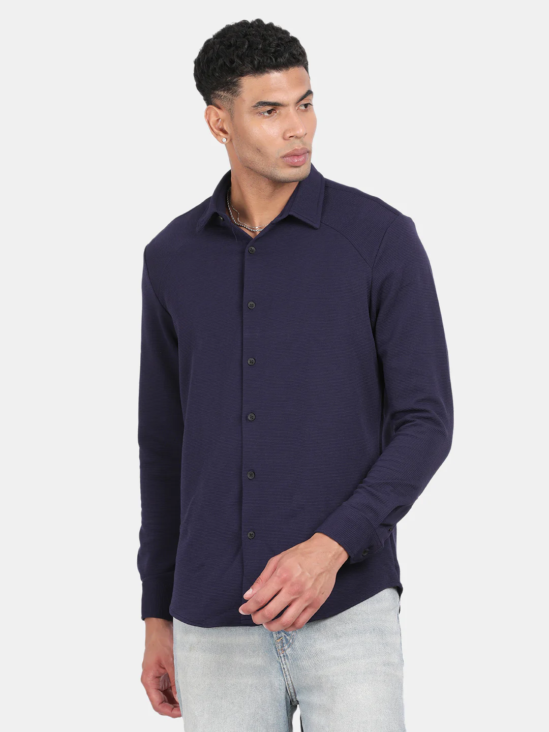 Men Navy Slim Fit Spread Collar Full Sleeve Casual Shirt - Image 4