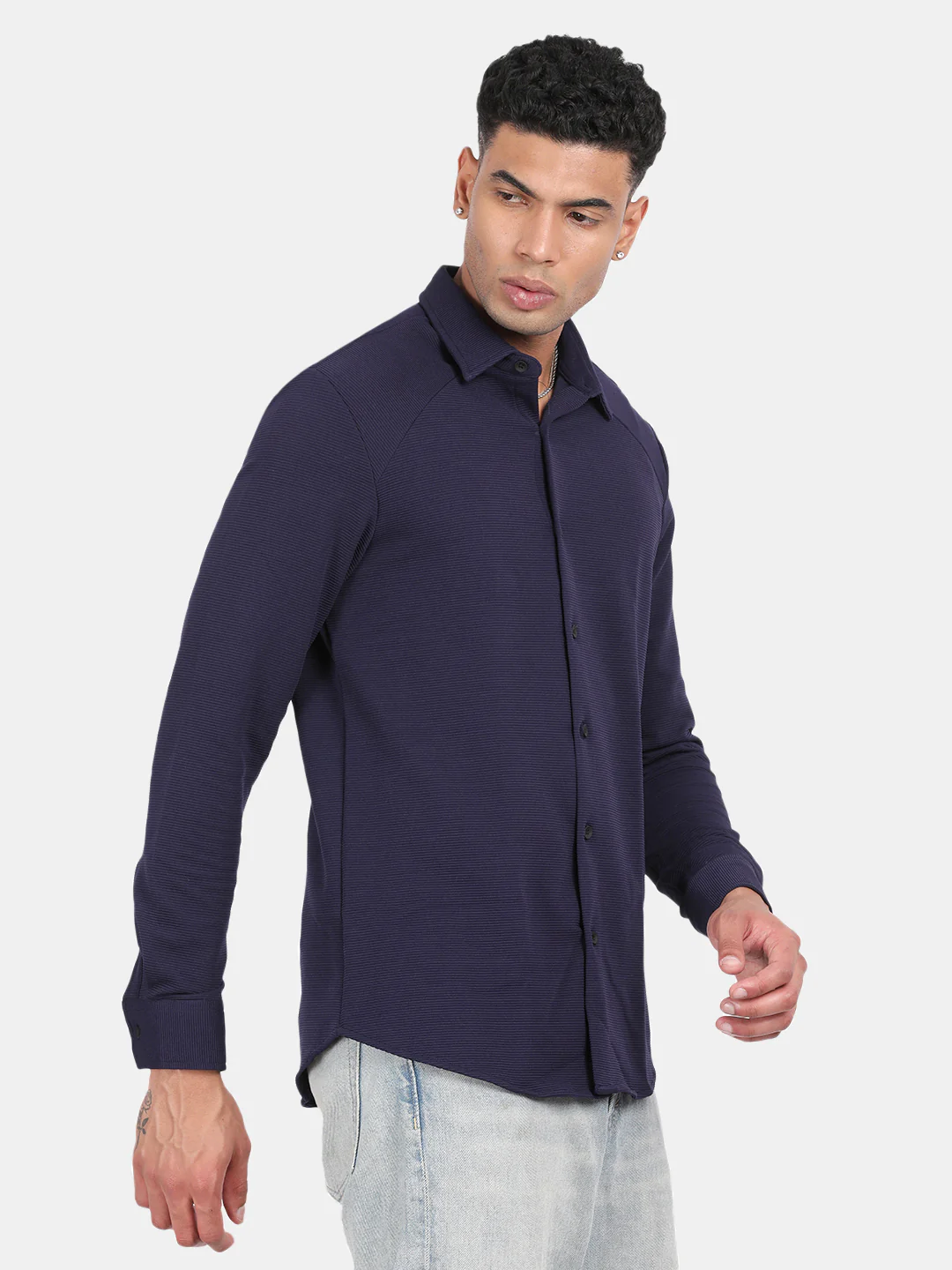 Men Navy Slim Fit Spread Collar Full Sleeve Casual Shirt - Image 5