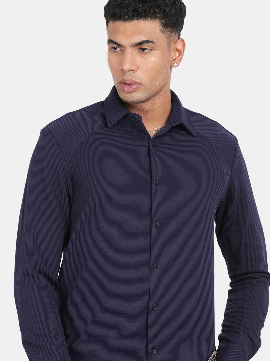Men Navy Slim Fit Spread Collar Full Sleeve Casual Shirt - Image 6