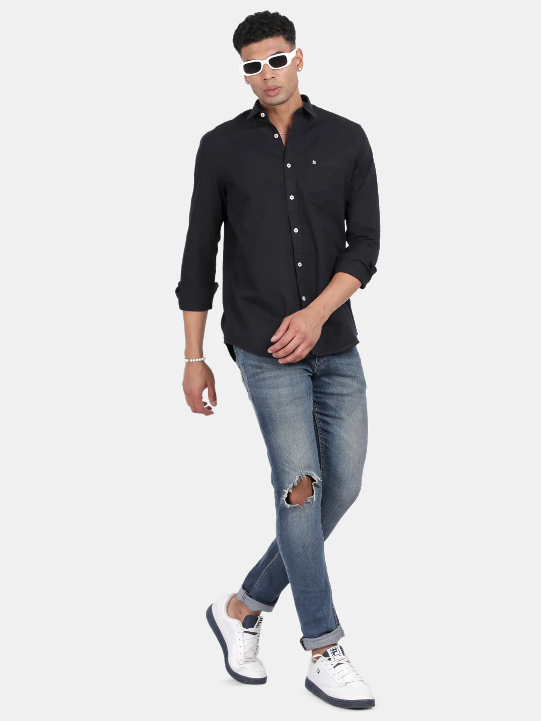 Men Navy Slim Fit Spread Collar Full Sleeve Casual Shirt - Image 3