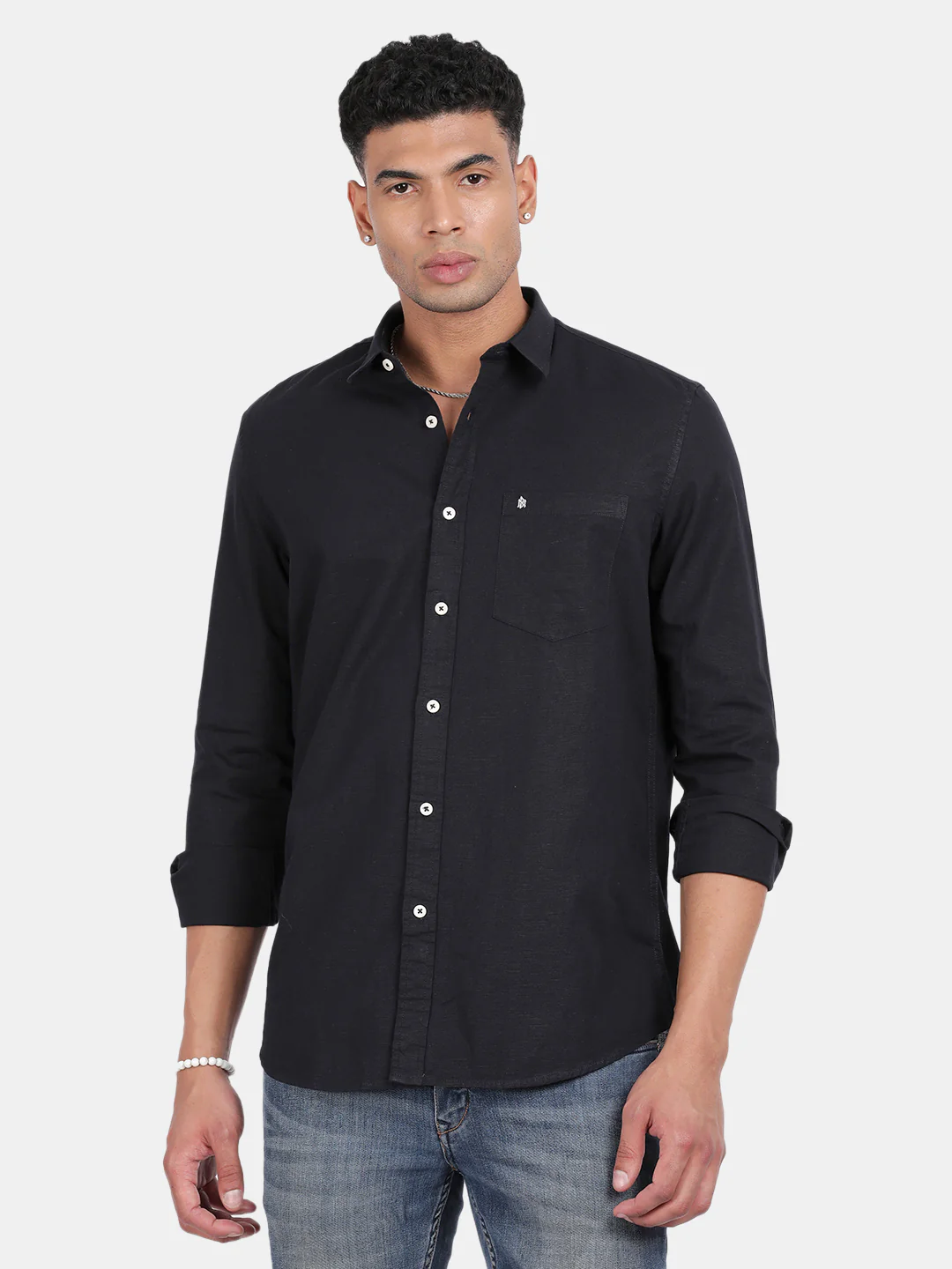 Men Navy Slim Fit Spread Collar Full Sleeve Casual Shirt - Image 4