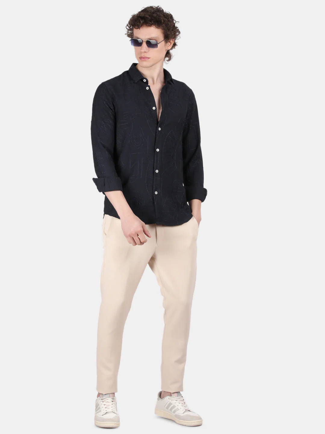Men Navy Slim Fit Spread Collar Full Sleeve Casual Shirt - Image 3