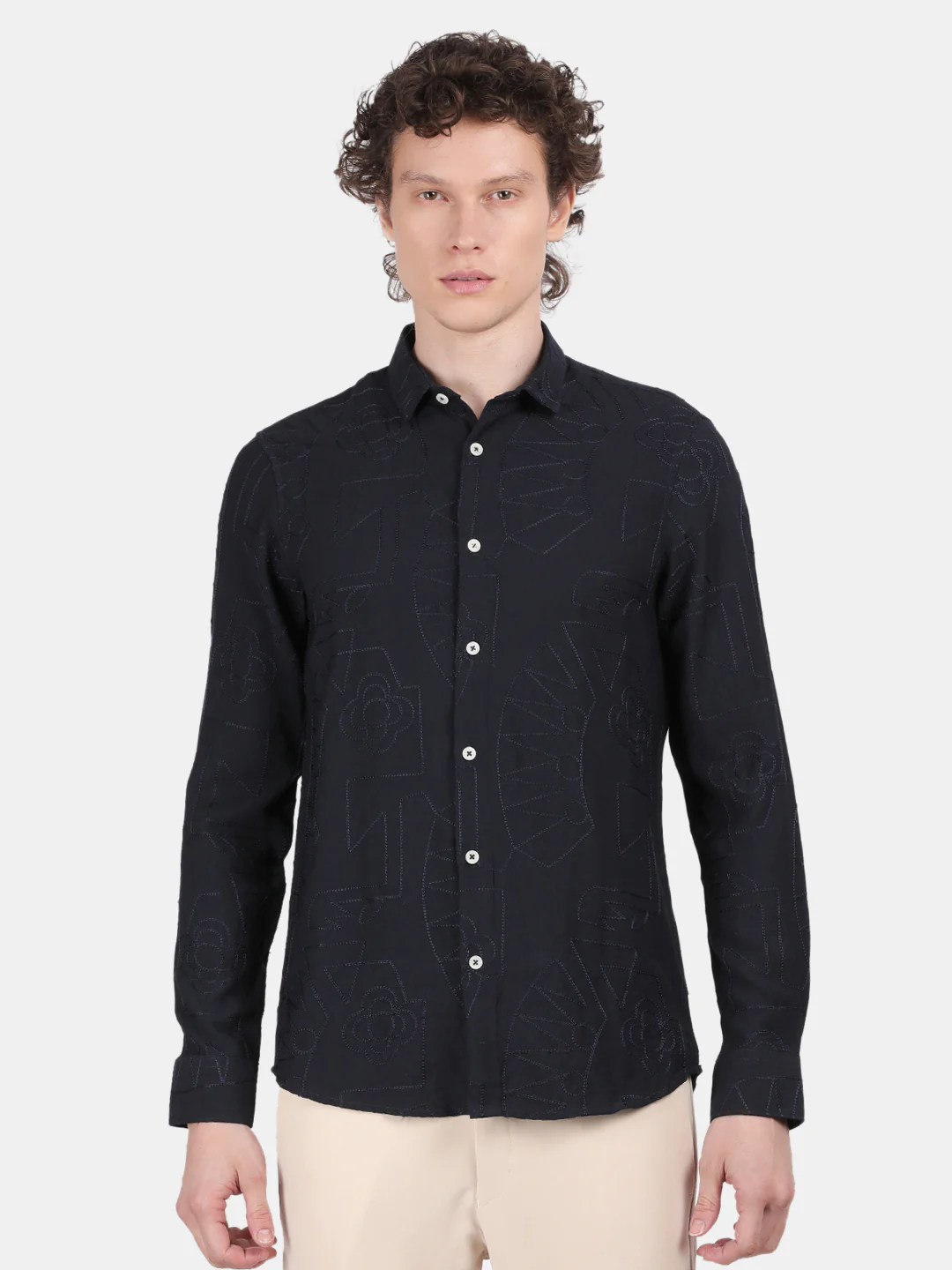 Men Navy Slim Fit Spread Collar Full Sleeve Casual Shirt - Image 4