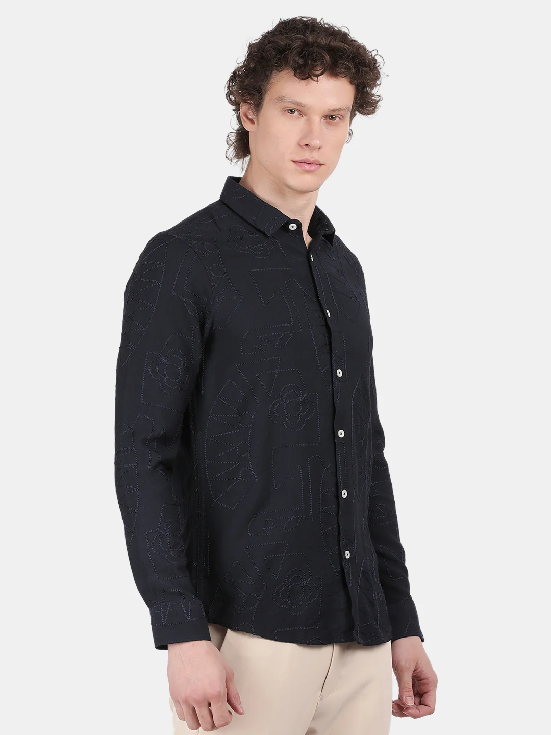Men Navy Slim Fit Spread Collar Full Sleeve Casual Shirt - Image 5