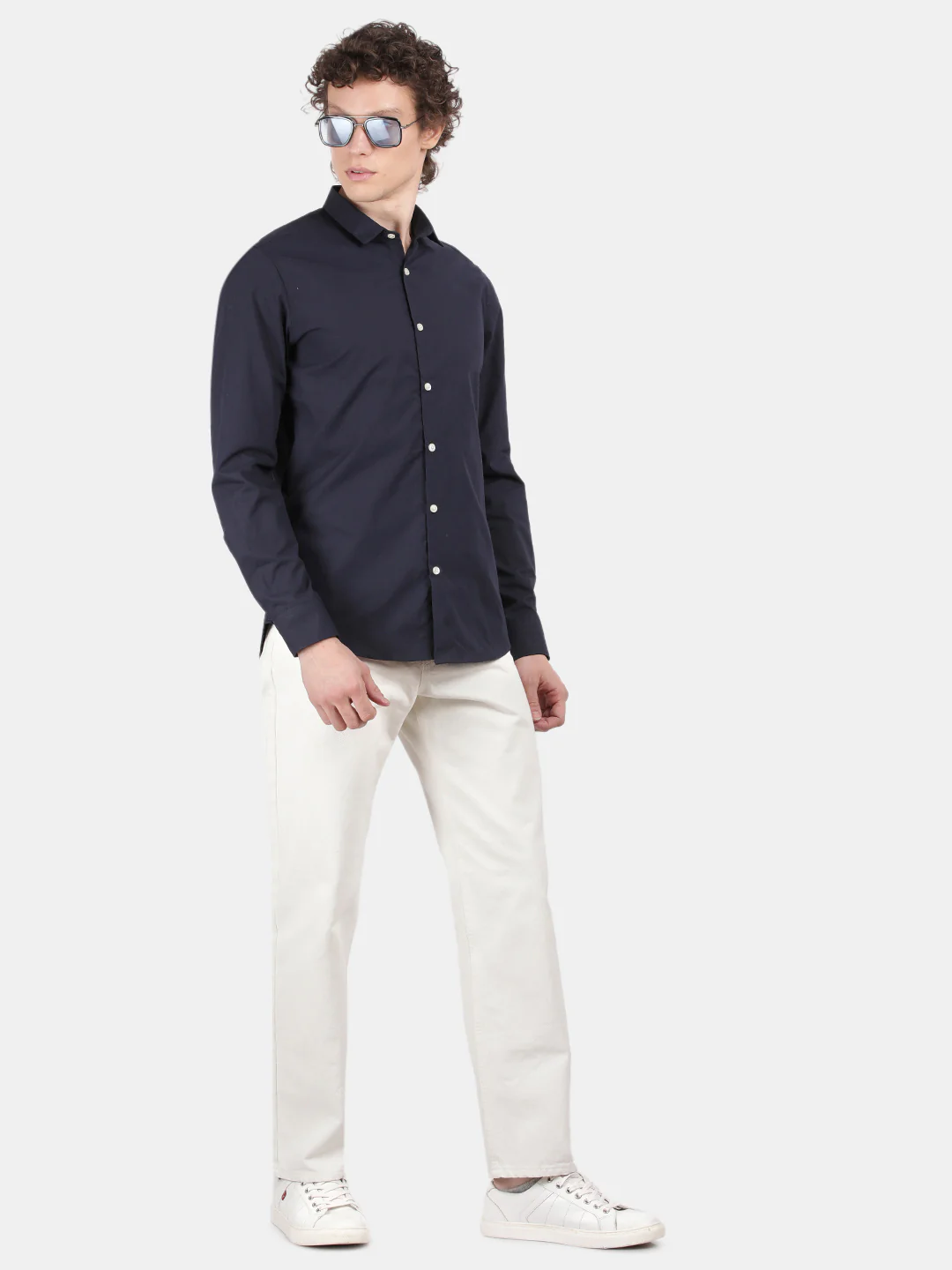 Men Navy Slim Fit Spread Collar Full Sleeve Casual Shirt - Image 3