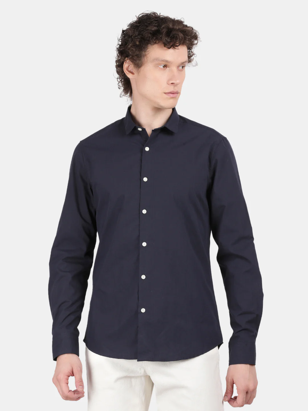 Men Navy Slim Fit Spread Collar Full Sleeve Casual Shirt - Image 4
