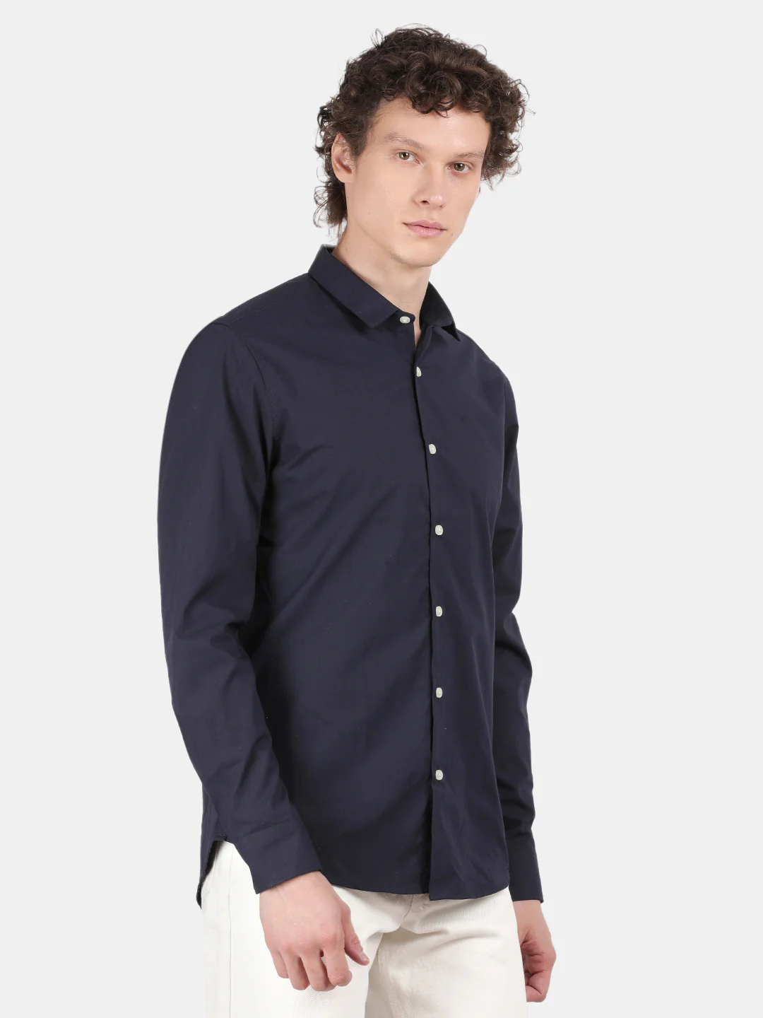 Men Navy Slim Fit Spread Collar Full Sleeve Casual Shirt - Image 5