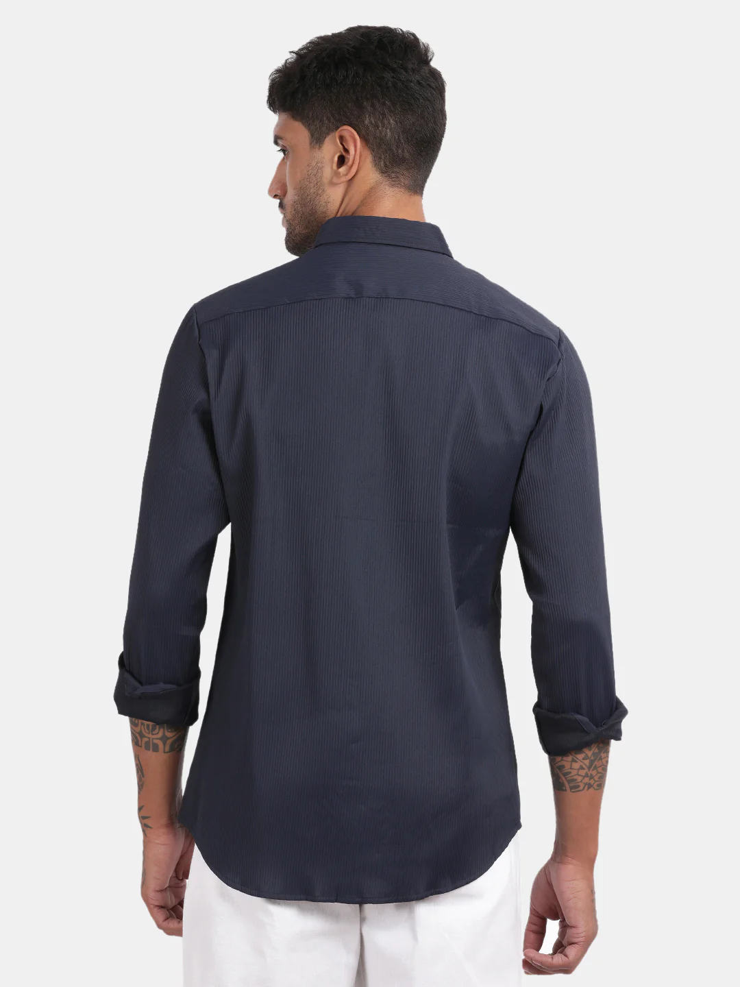 Men Navy Slim Fit Spread Collar Full Sleeve Casual Shirt - Image 3
