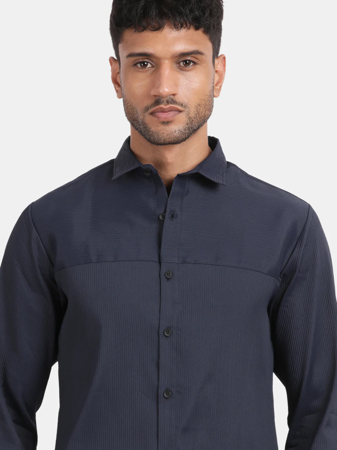 Men Navy Slim Fit Spread Collar Full Sleeve Casual Shirt - Image 4