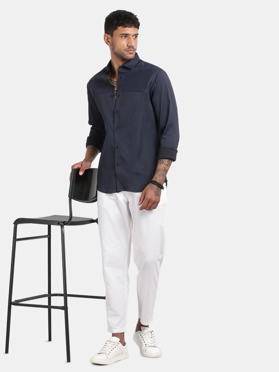 Men Navy Slim Fit Spread Collar Full Sleeve Casual Shirt - Image 5