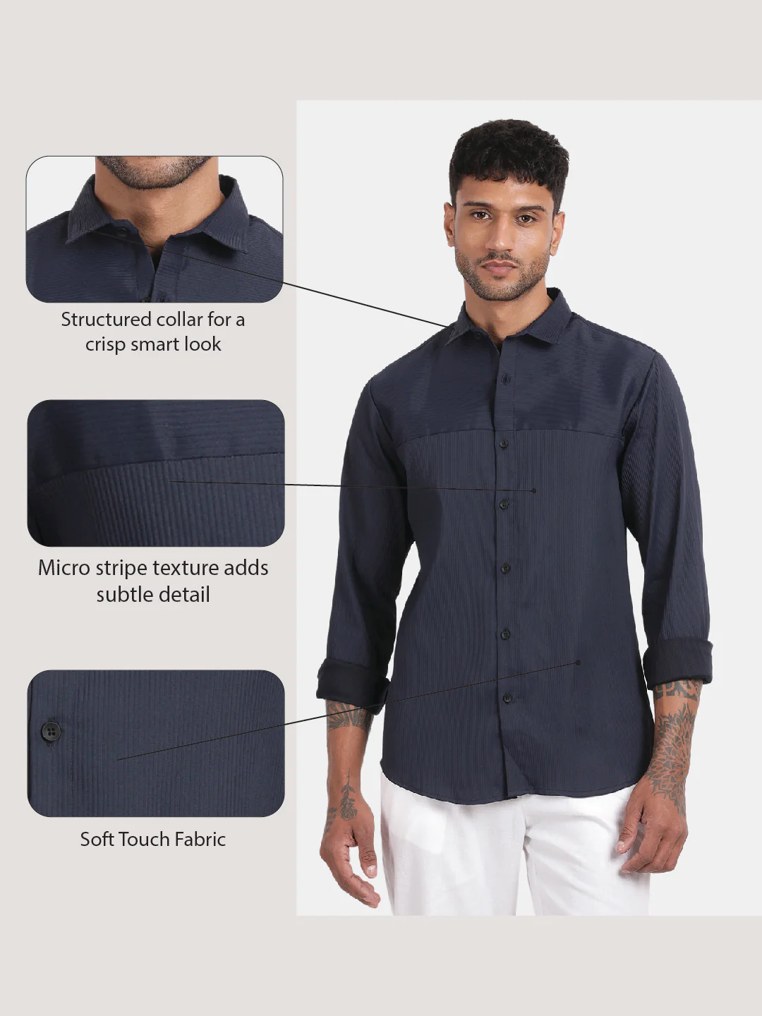Men Navy Slim Fit Spread Collar Full Sleeve Casual Shirt - Image 6