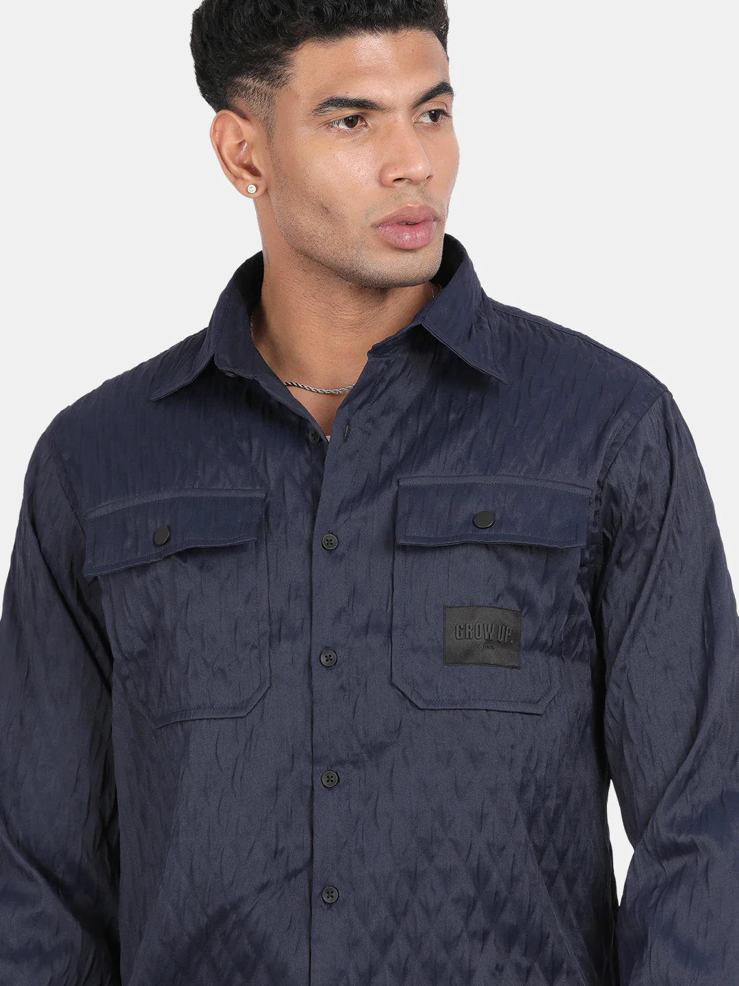 Men Navy Slim Fit Spread Collar Full Sleeve Casual Shirt - Image 3