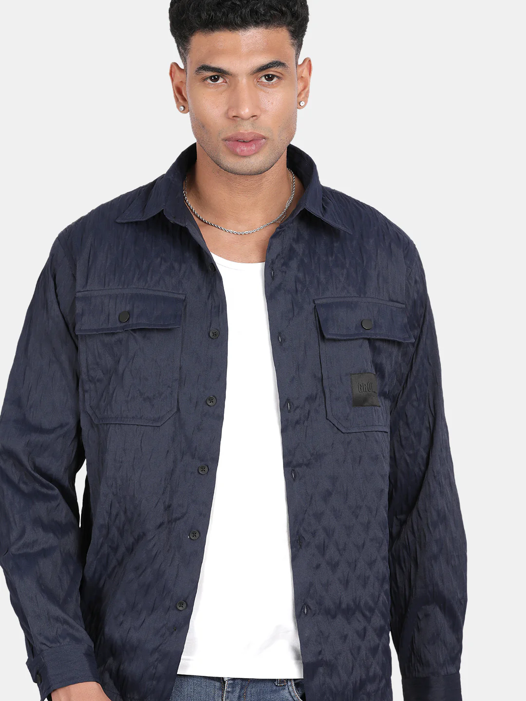 Men Navy Slim Fit Spread Collar Full Sleeve Casual Shirt - Image 4