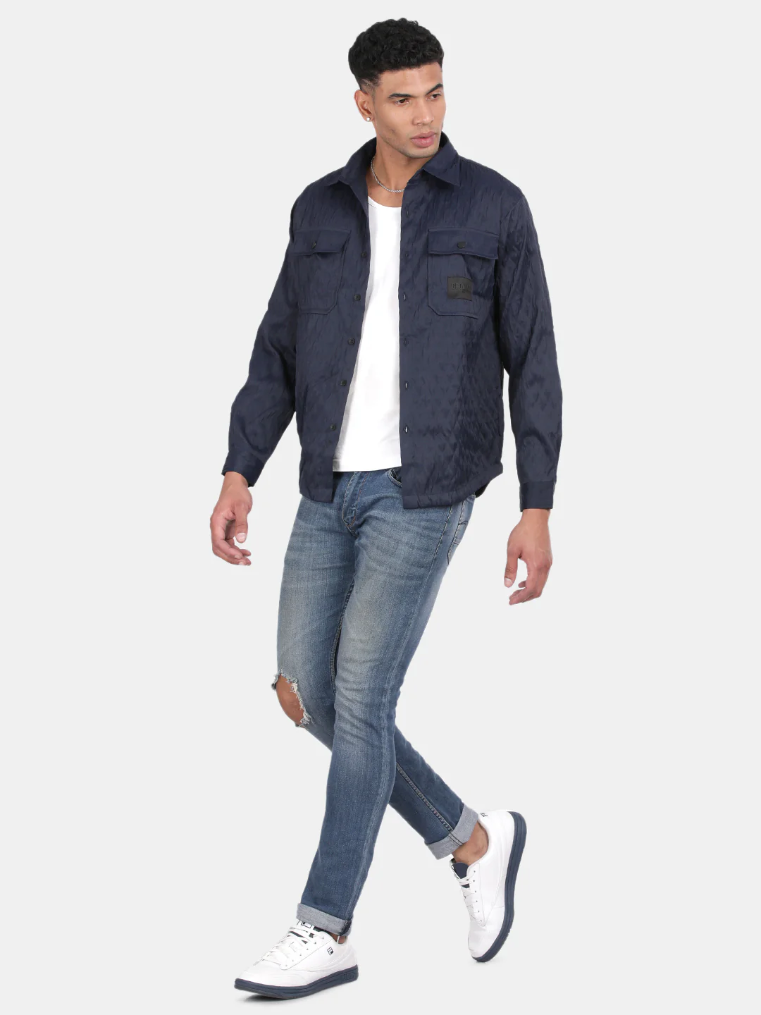 Men Navy Slim Fit Spread Collar Full Sleeve Casual Shirt - Image 5