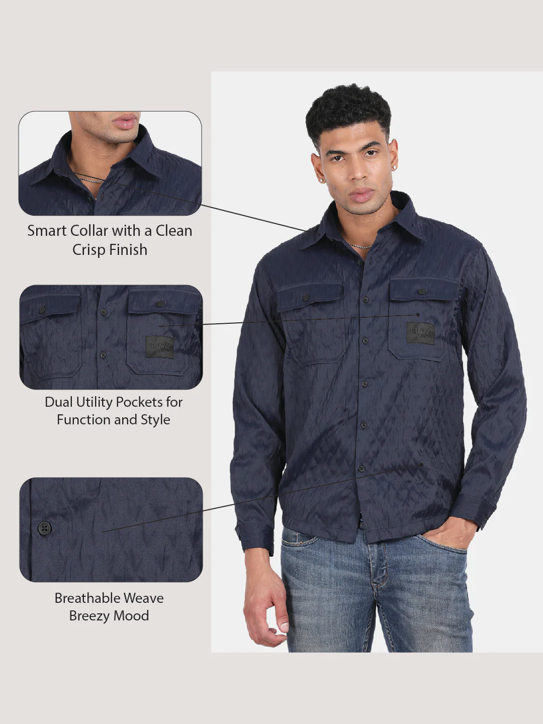 Men Navy Slim Fit Spread Collar Full Sleeve Casual Shirt - Image 6
